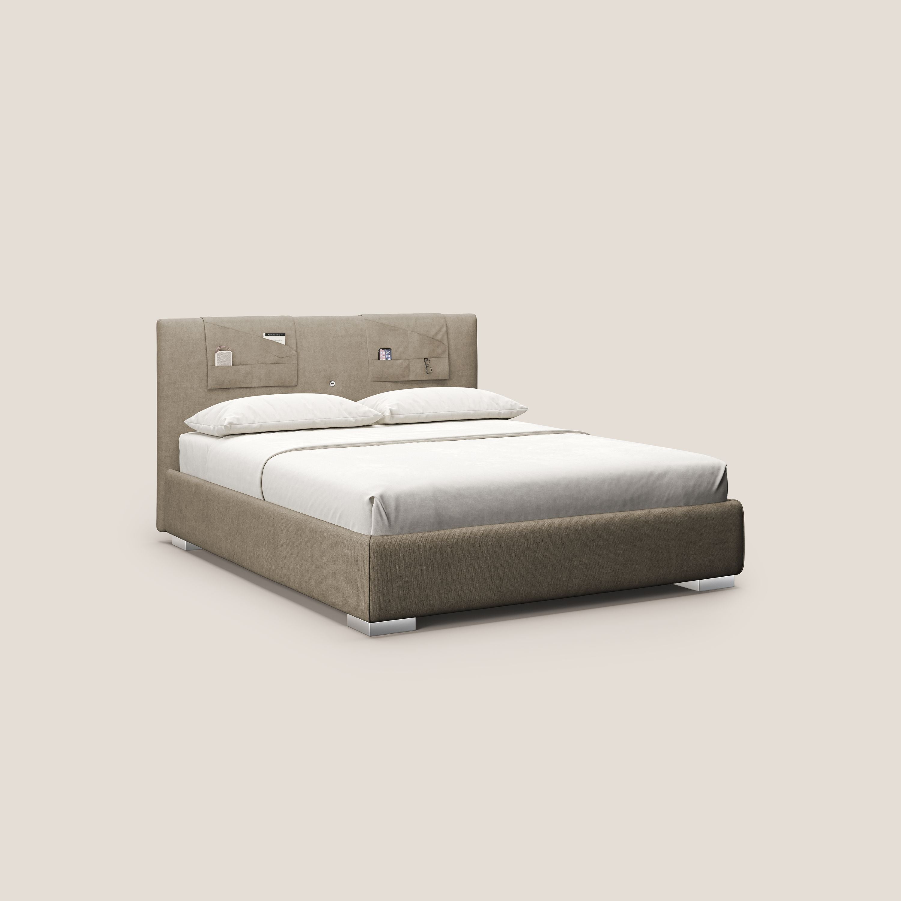 Horus letto imbottito contenitore e presa USB sulla testata in tessuto impermeabile T02 beige - divani.store