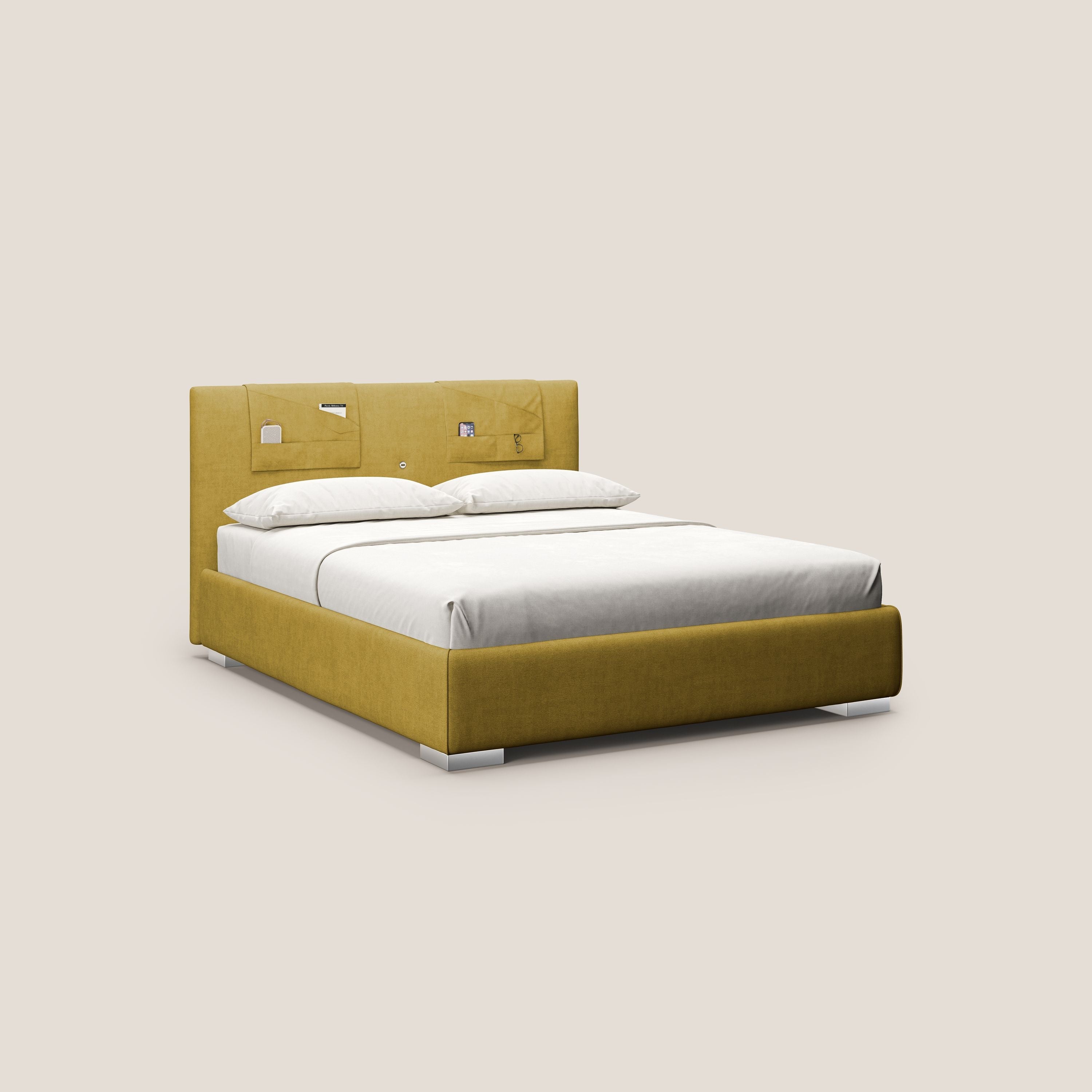 Horus letto imbottito contenitore e presa USB sulla testata in tessuto impermeabile T02 giallo - divani.store