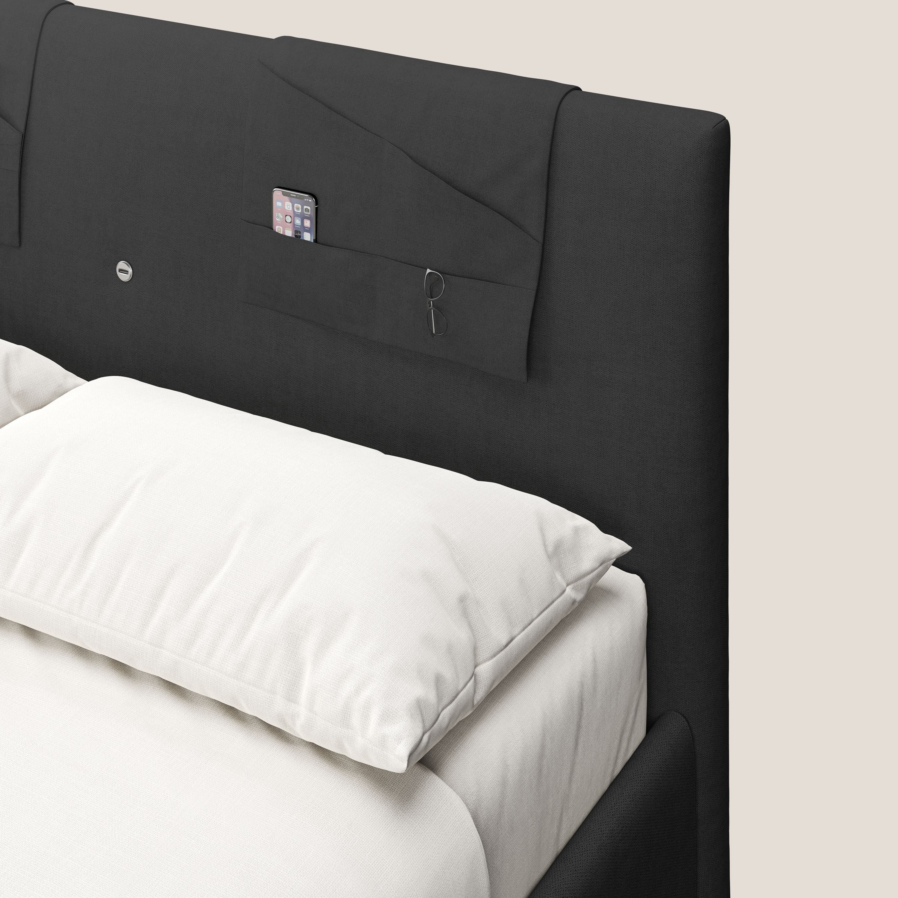 Horus letto imbottito contenitore e presa USB sulla testata in tessuto impermeabile T02 nero - divani.store