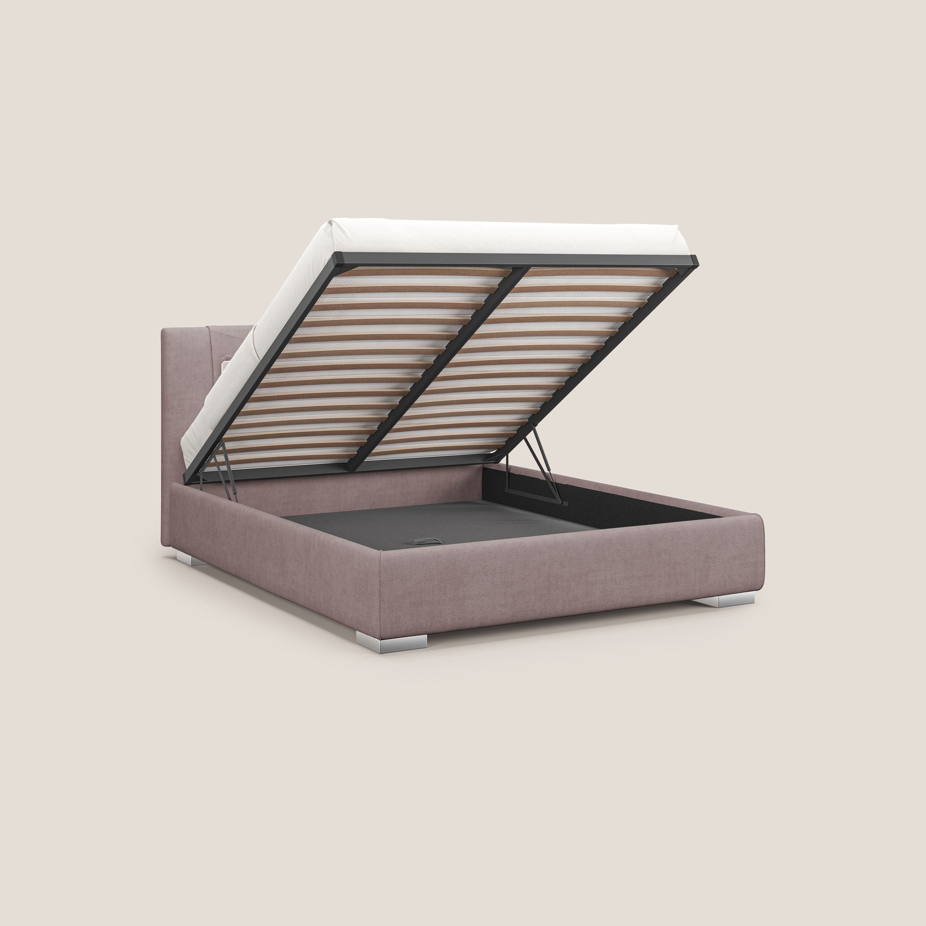 Horus letto imbottito contenitore e presa USB sulla testata in tessuto impermeabile T02 rosa - divani.store