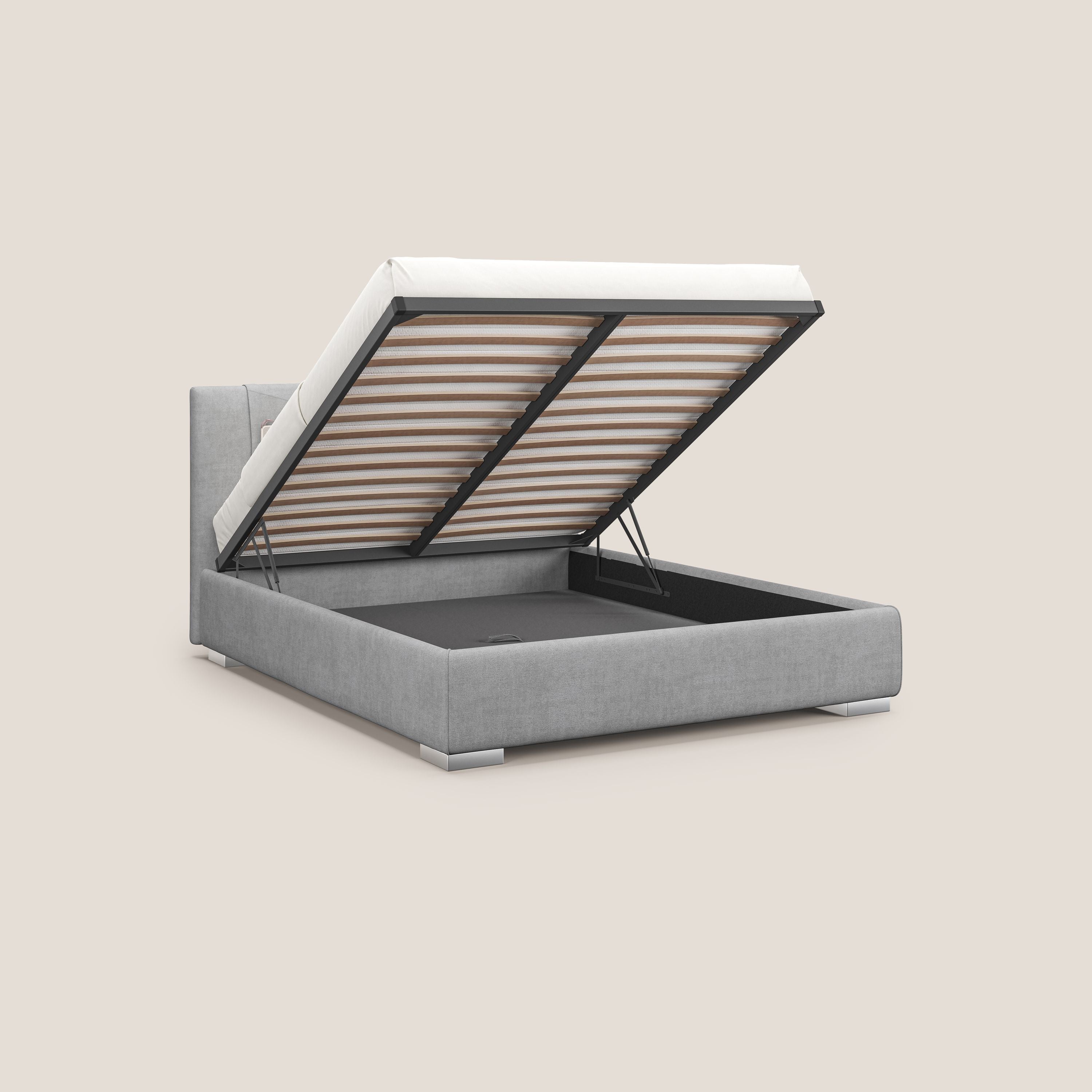 Horus letto imbottito contenitore e presa USB sulla testata in tessuto impermeabile T02 grigio chiaro - divani.store