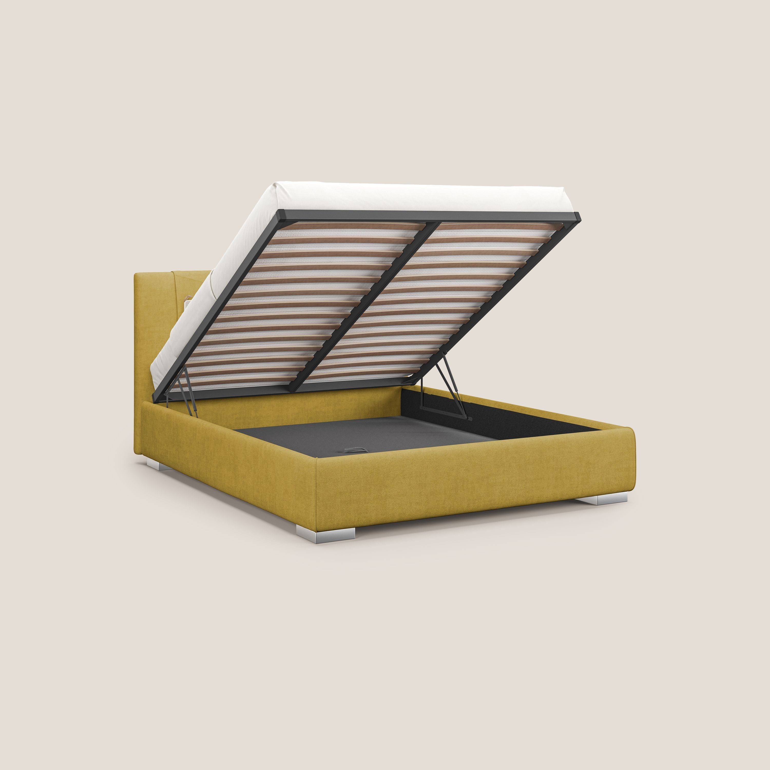 Horus letto imbottito contenitore e presa USB sulla testata in tessuto impermeabile T02 giallo - divani.store