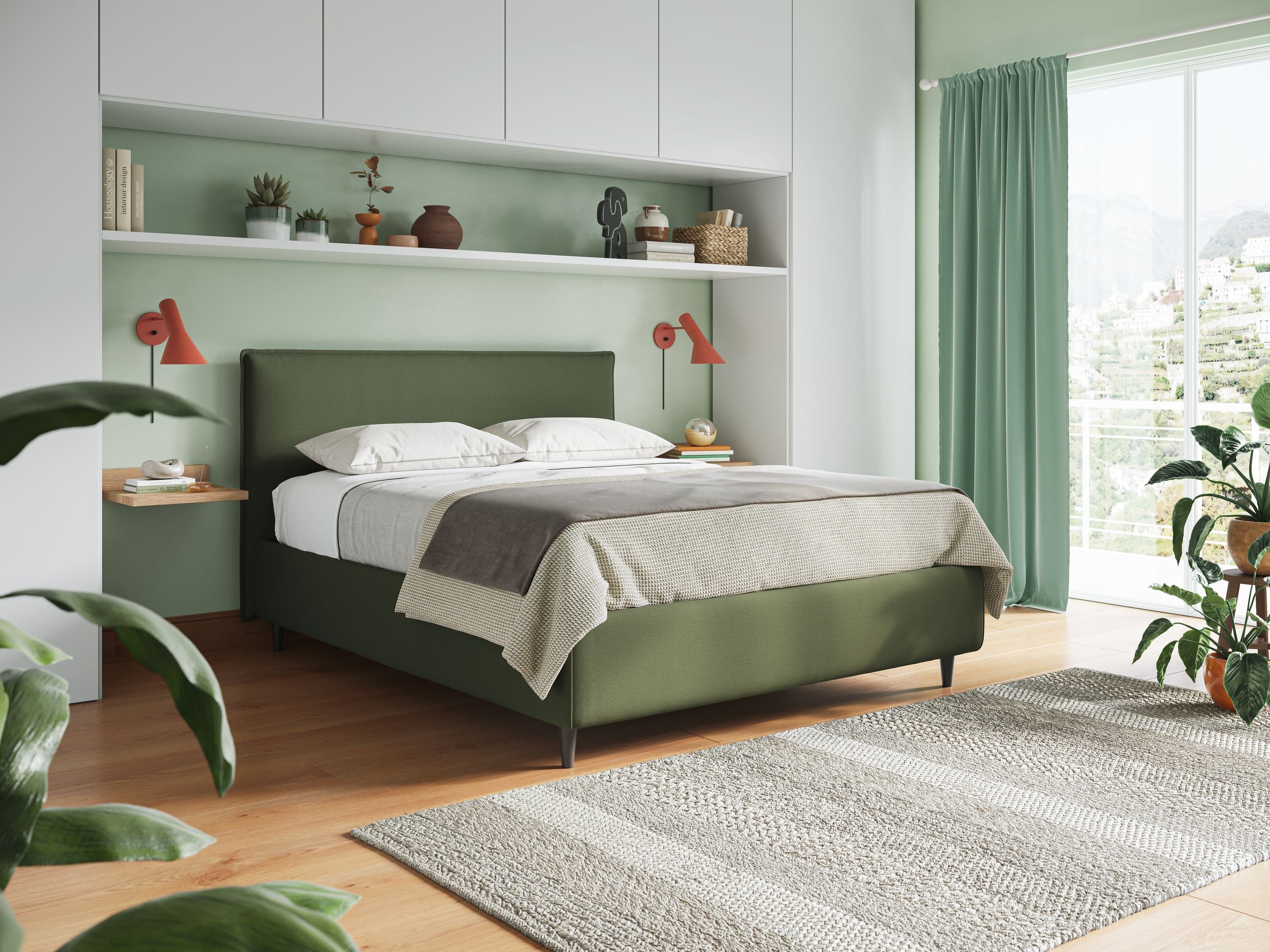 Hunter letto imbottito contenitore sfoderabile in tessuto impermeabile fiammato T19 verde - divani.store