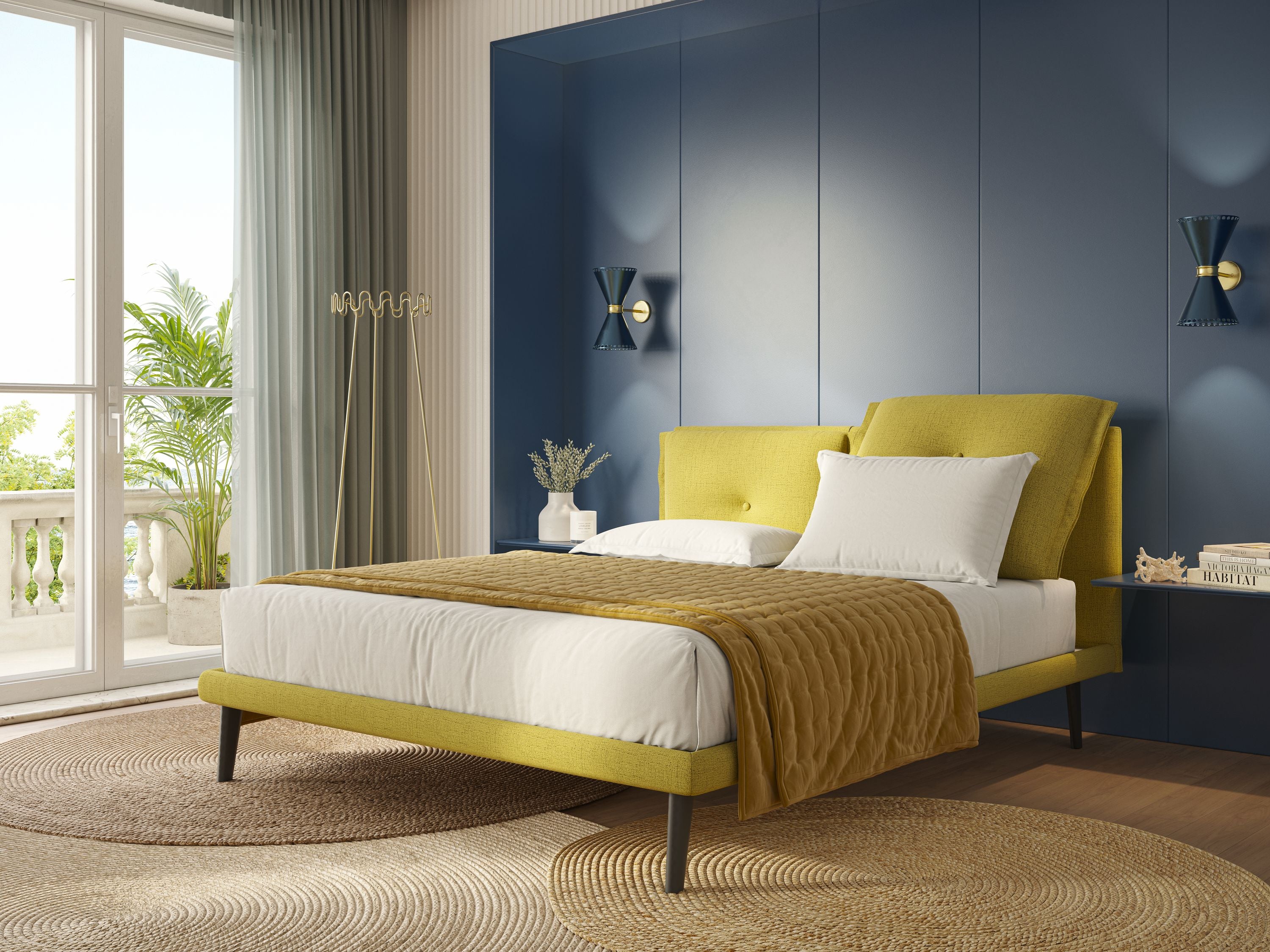 Ibuki letto con cuscini trapuntati regolabili e piedi in mogano in tessuto fiammato impermeabile T03 giallo - divani.store