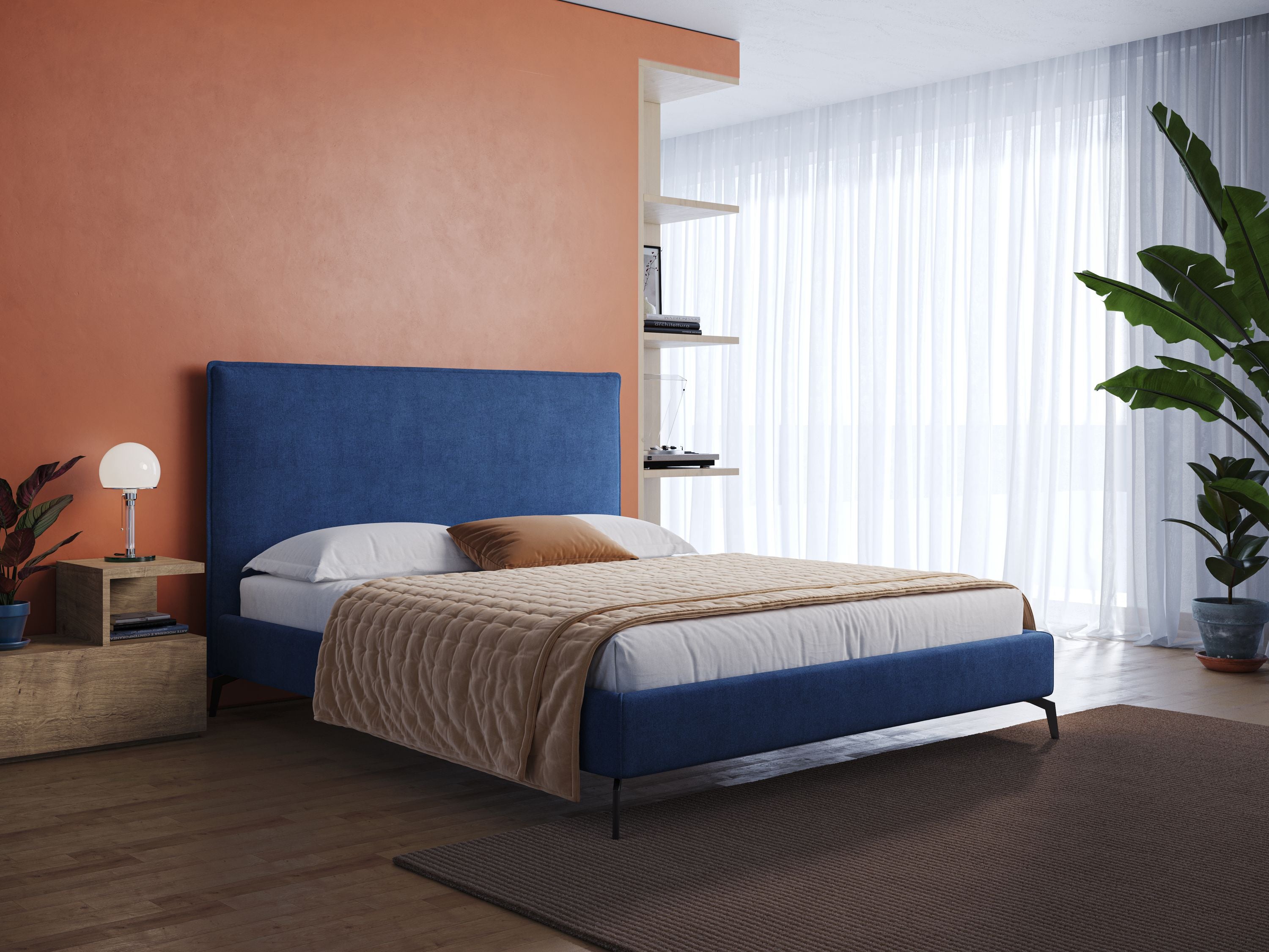 Iris letto imbottito con piedini neri sfoderabile in tessuto impermeabile T02 blu - divani.store