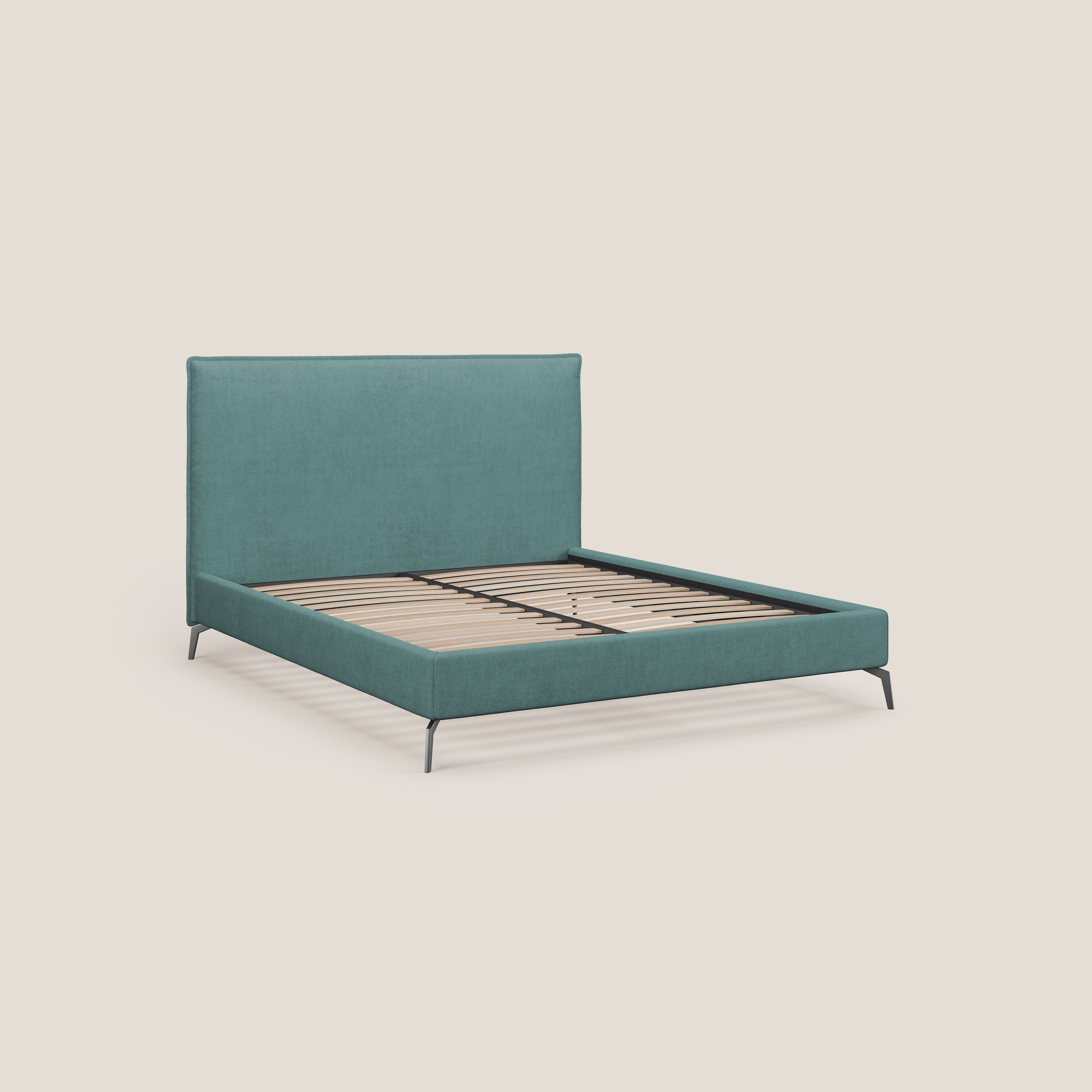 Iris letto imbottito con piedini neri sfoderabile in tessuto impermeabile T02 petrolio - divani.store