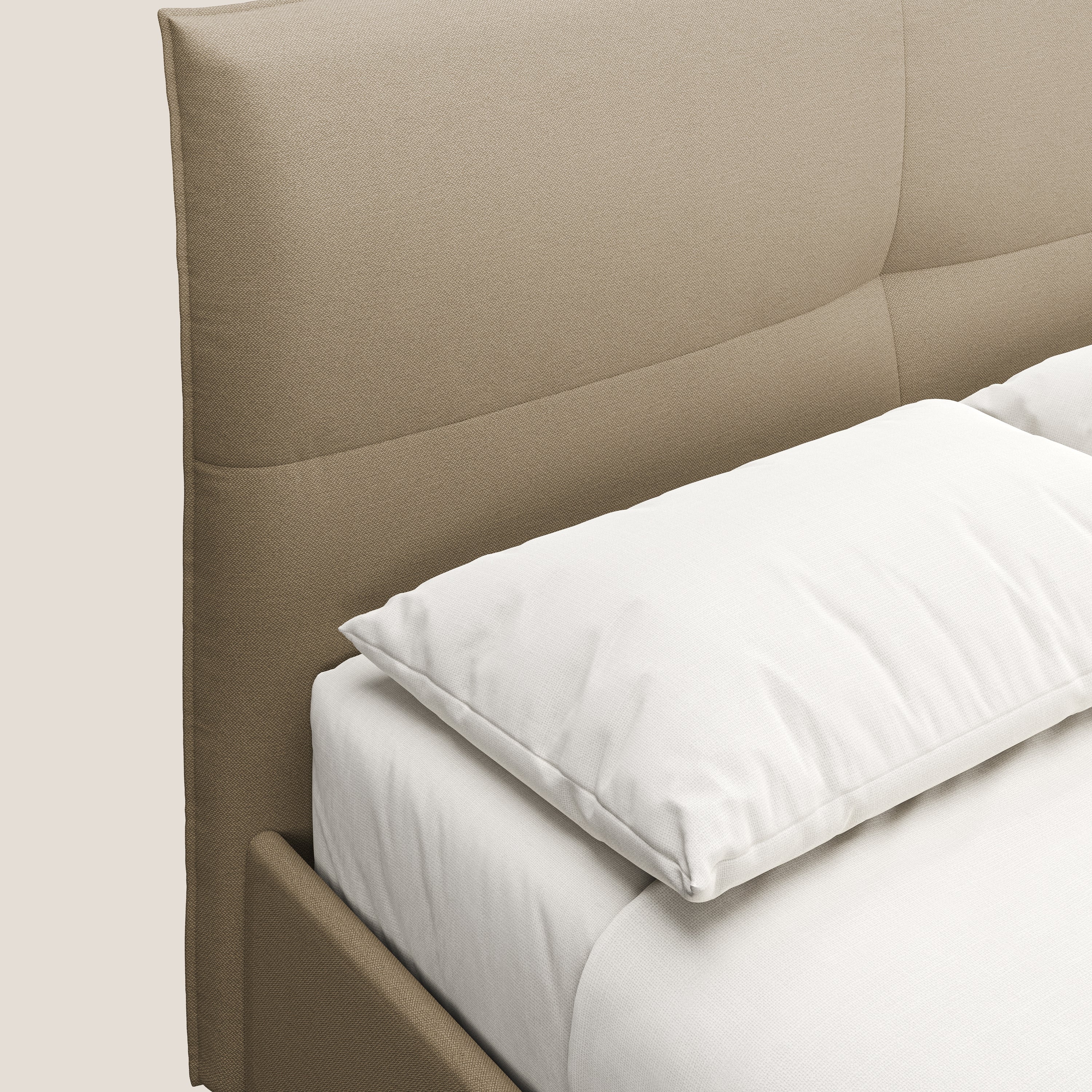 Izumi letto imbottito contenitore con piedi alti in tessuto smacchiabile T05 beige - divani.store