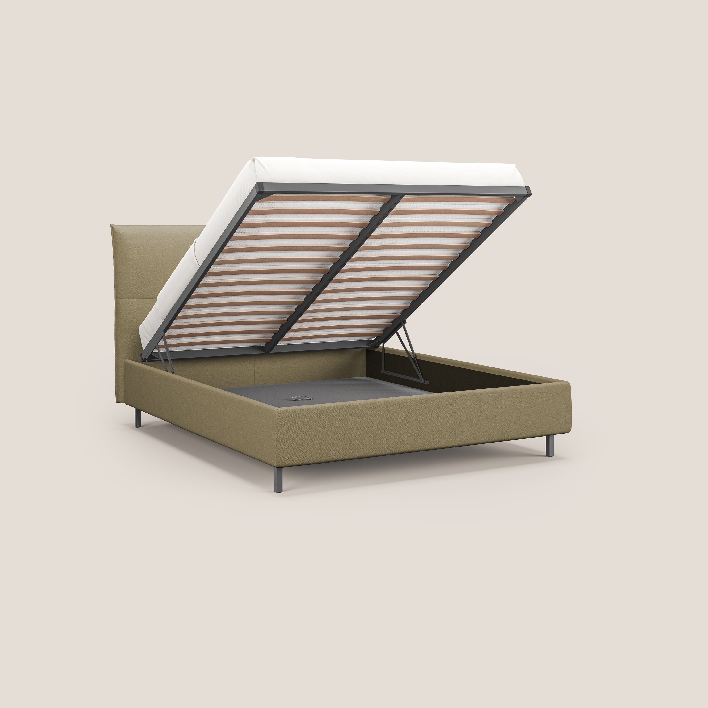 Izumi letto imbottito contenitore con piedi alti in tessuto smacchiabile T05 cammello - divani.store
