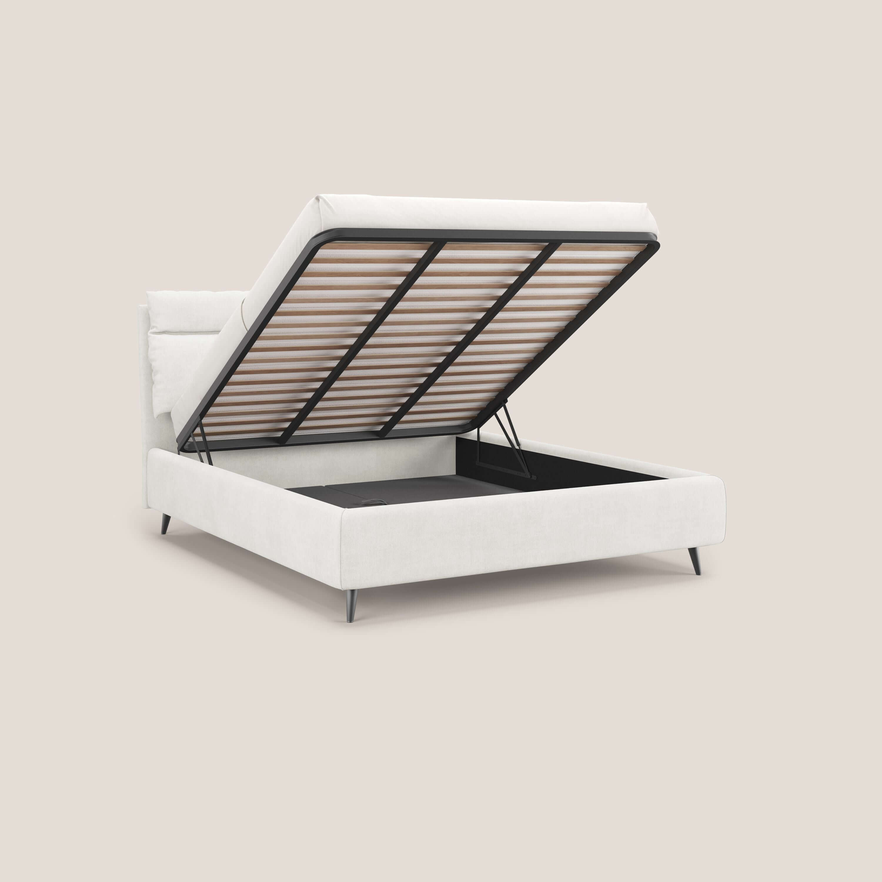 Jerry letto imbottito contenitore e cuscini reclinabili in tessuto smacchiabile T17 bianco - divani.store