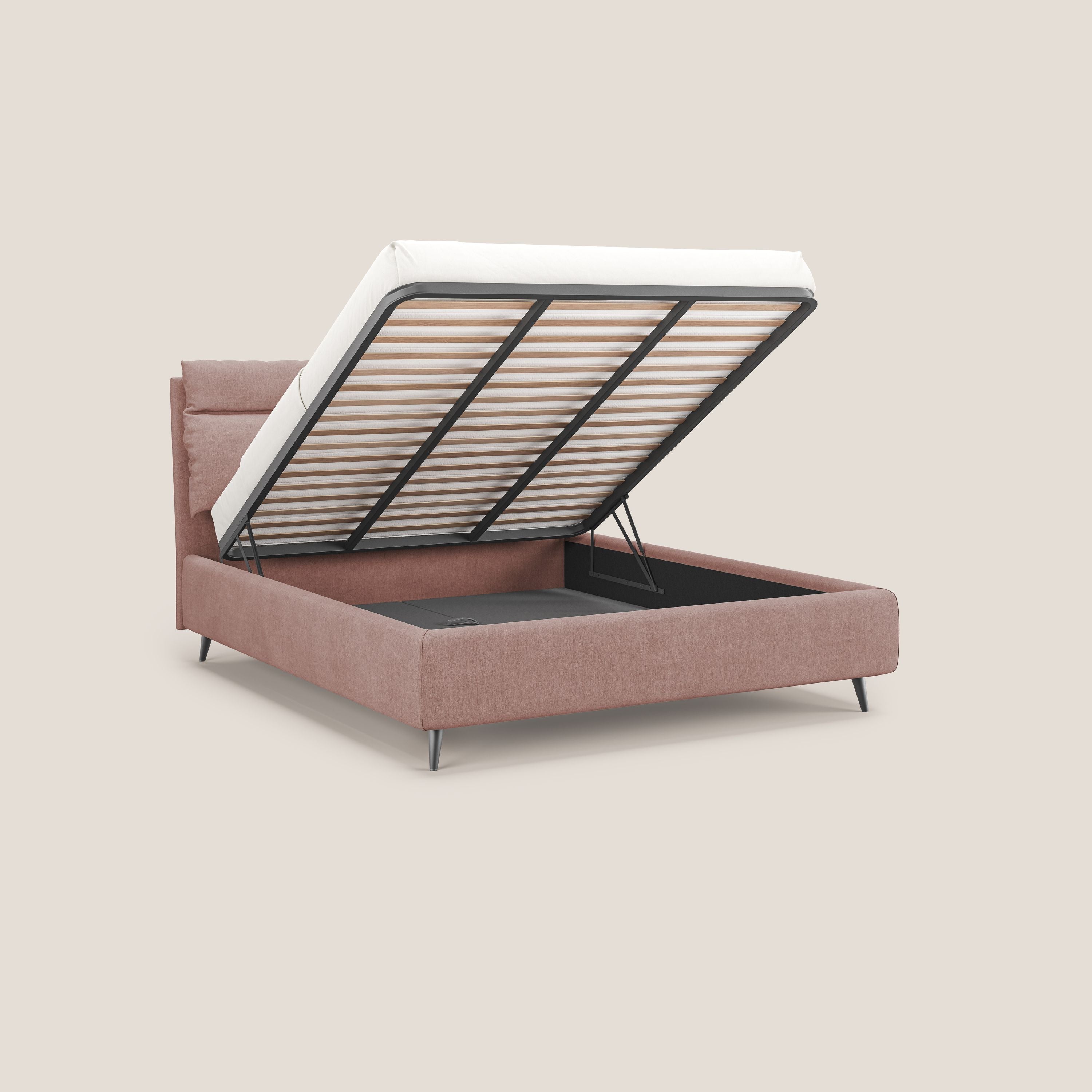 Jerry letto imbottito contenitore e cuscini reclinabili in tessuto smacchiabile T17 rosa - divani.store