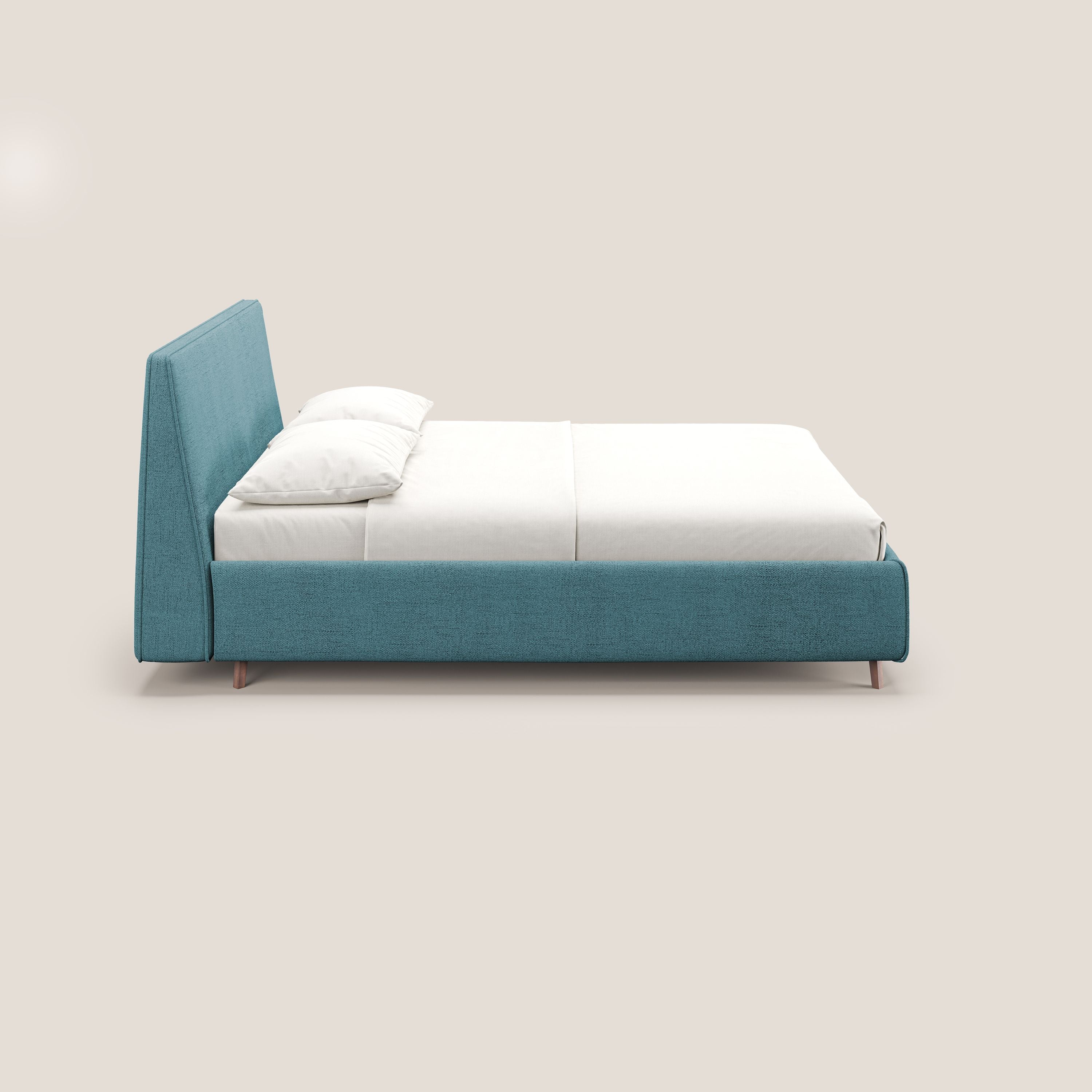 Justin letto imbottito contenitore e sfoderabile in tessuto fiammato impermeabile T03 azzurro - divani.store