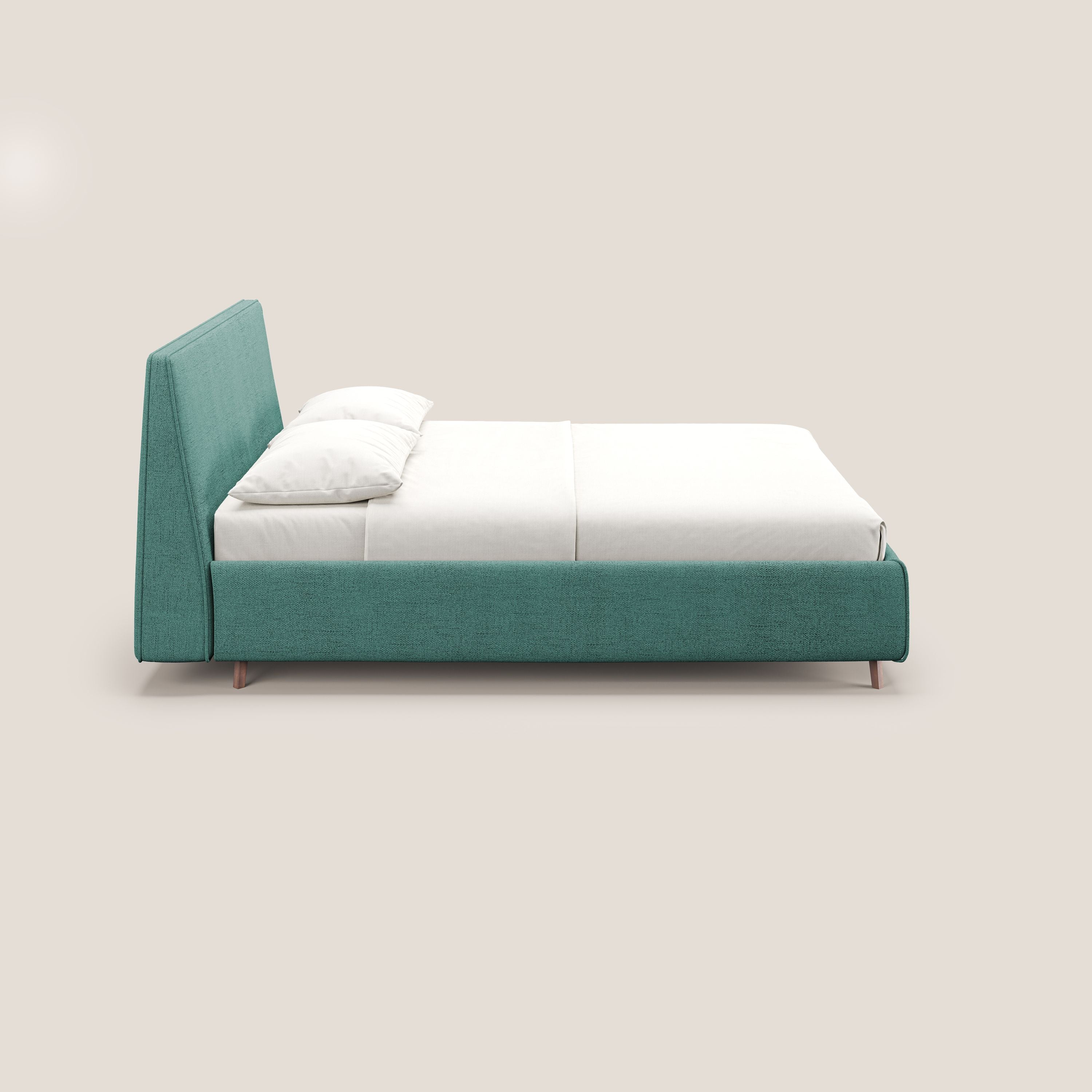 Justin letto imbottito contenitore e sfoderabile in tessuto fiammato impermeabile T03 verde acqua - divani.store