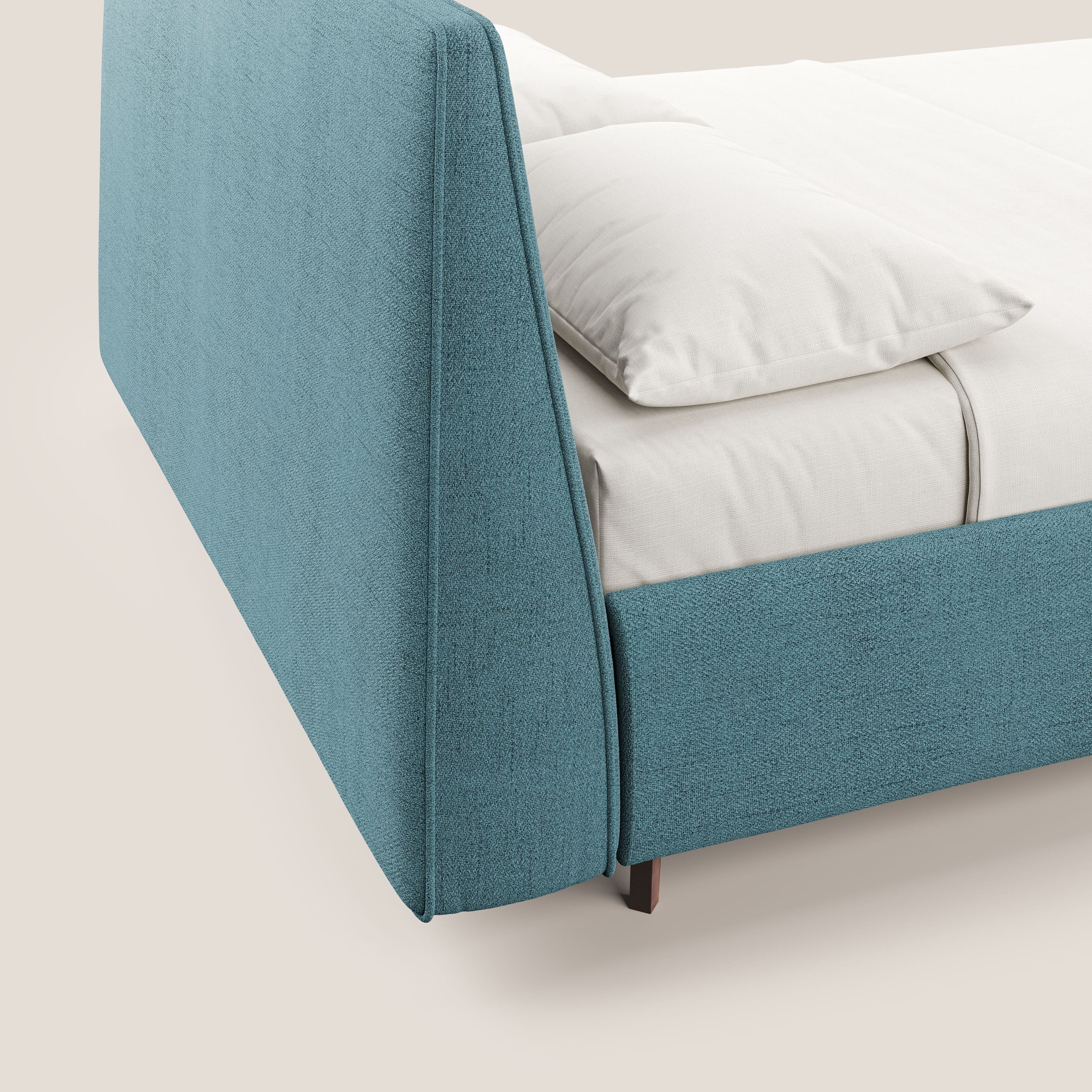 Justin letto imbottito contenitore e sfoderabile in tessuto fiammato impermeabile T03 azzurro - divani.store