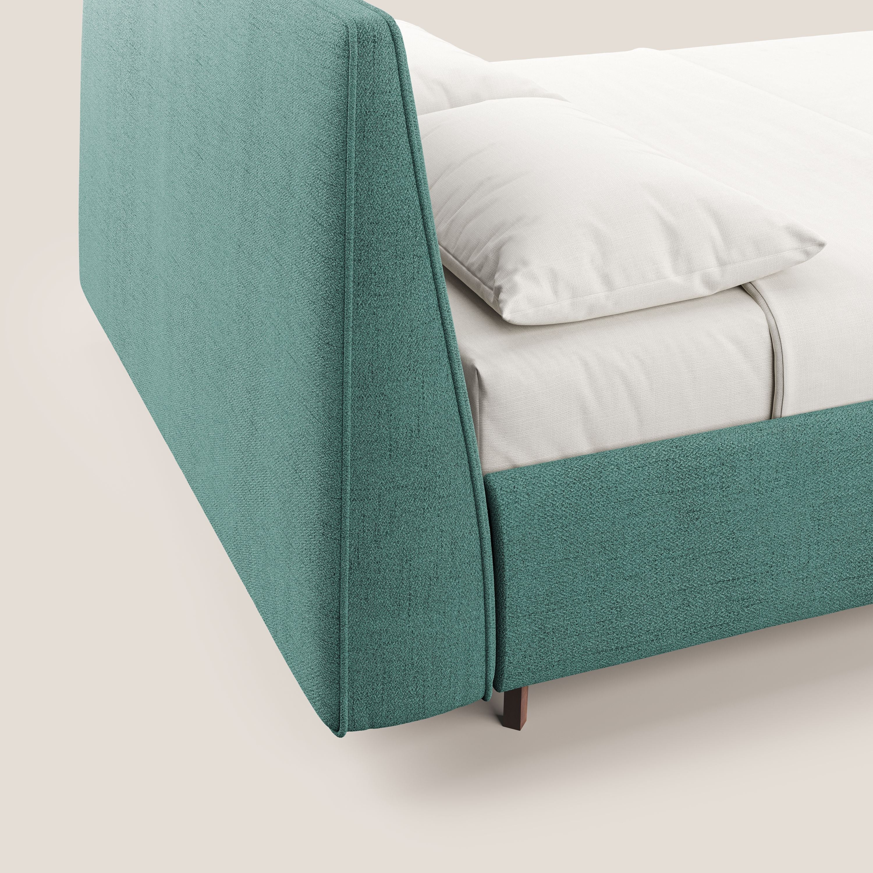 Justin letto imbottito contenitore e sfoderabile in tessuto fiammato impermeabile T03 verde acqua - divani.store