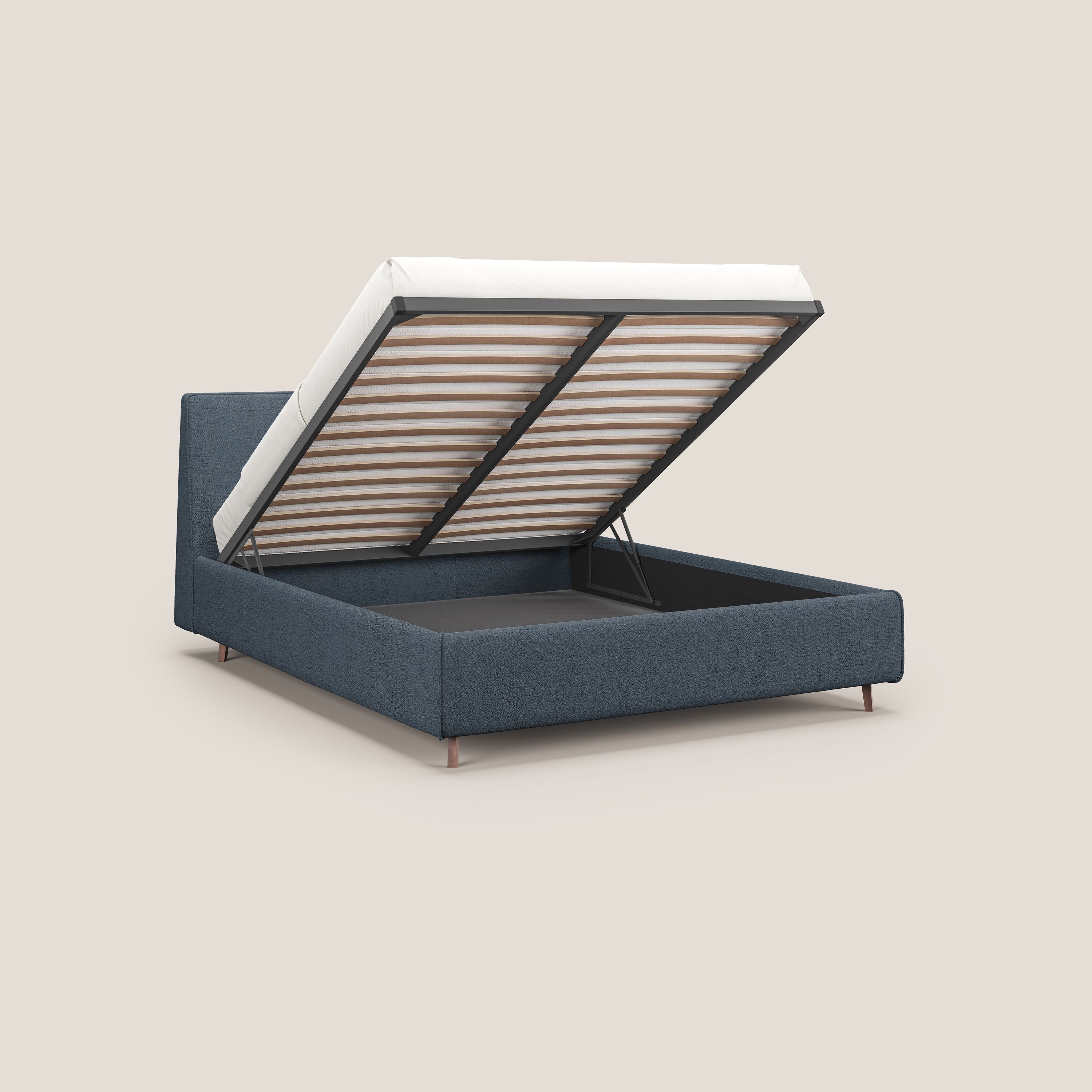 Justin letto imbottito contenitore e sfoderabile in tessuto fiammato impermeabile T03 blu - divani.store