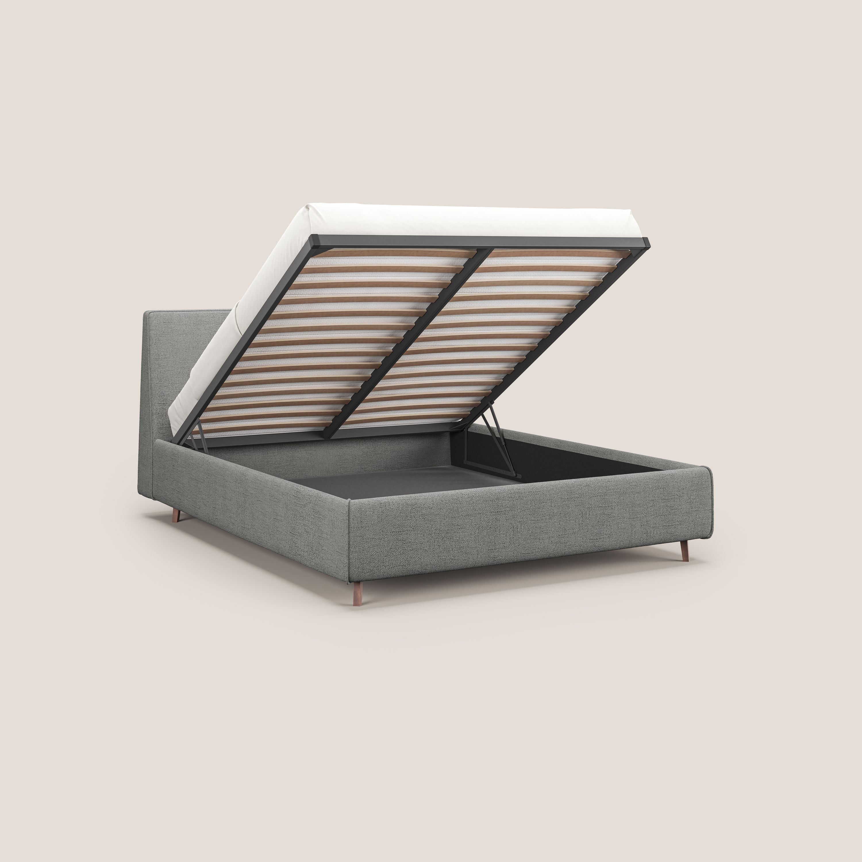 Justin letto imbottito contenitore e sfoderabile in tessuto fiammato impermeabile T03 grigio chiaro - divani.store