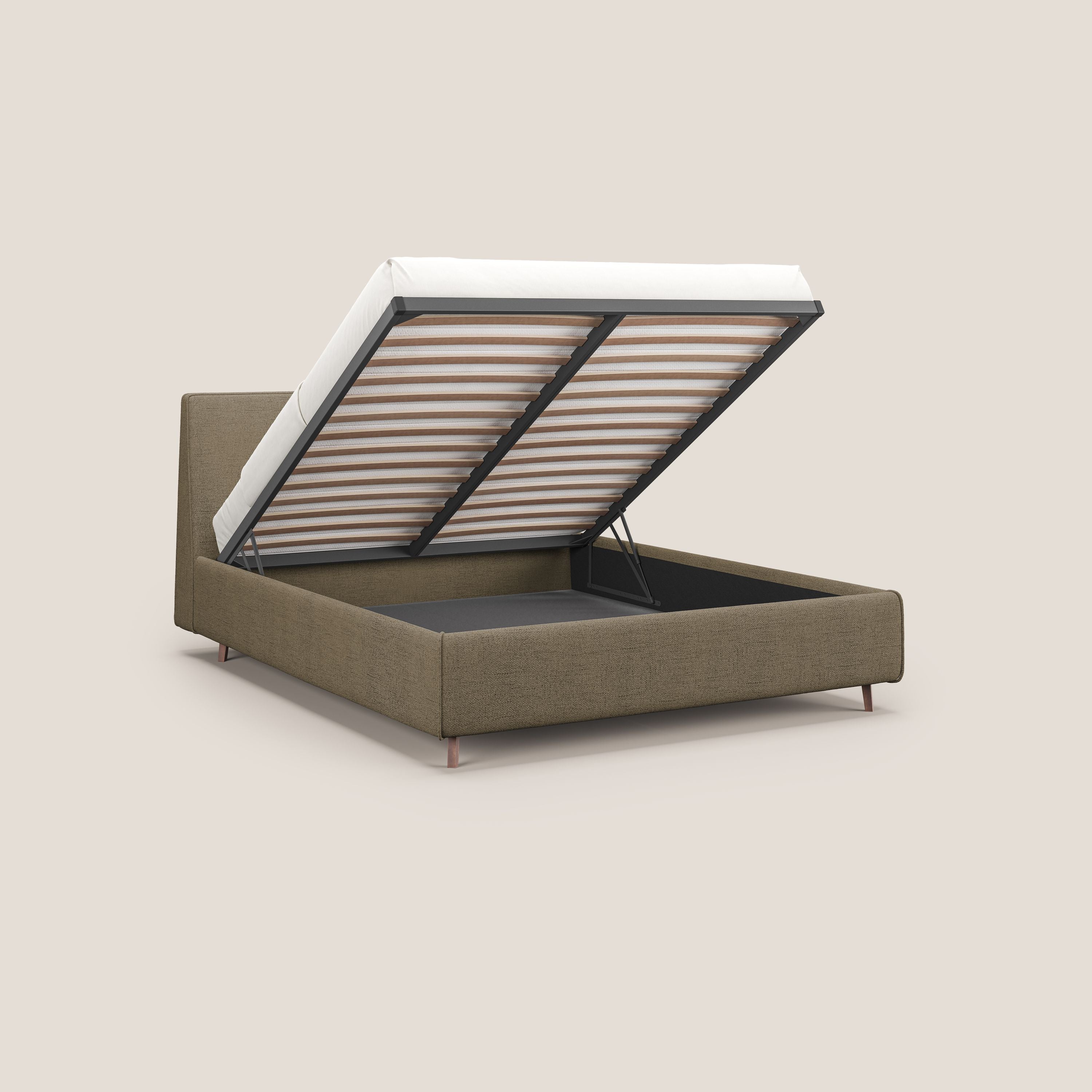 Justin letto imbottito contenitore e sfoderabile in tessuto fiammato impermeabile T03 marrone - divani.store