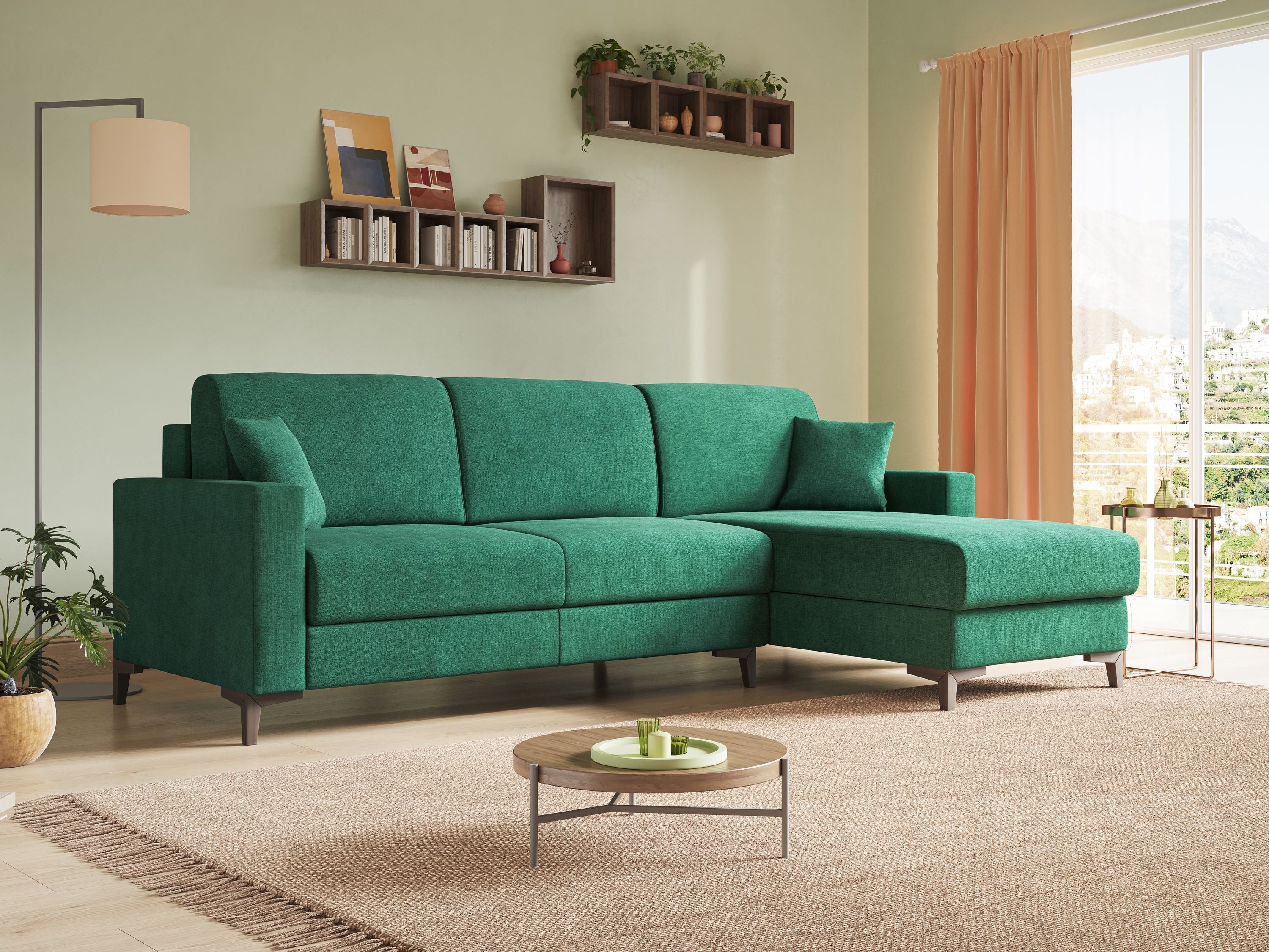 Kafka divano letto angolare in morbido tessuto impermeabile T02 verde - divani.store