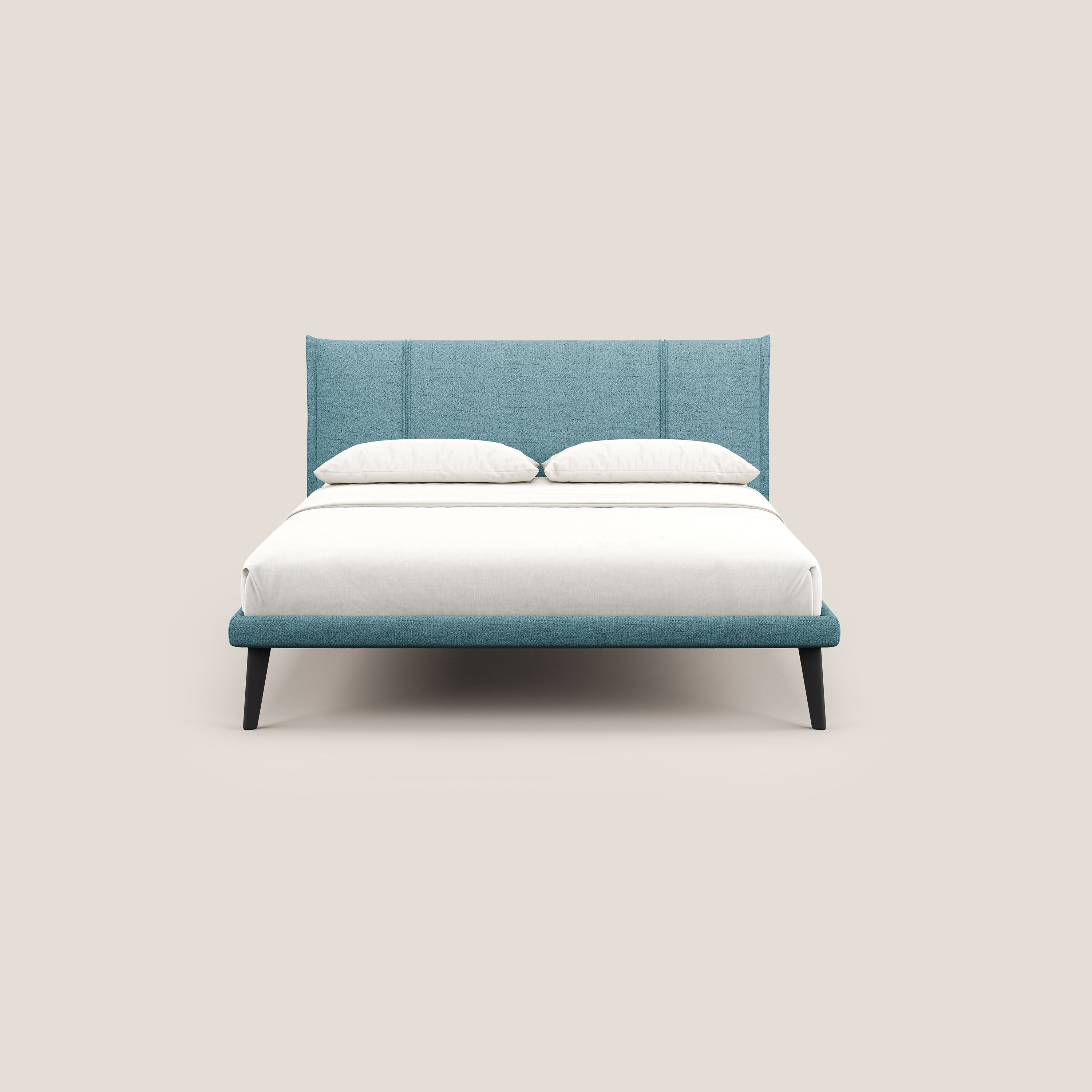 Klaus LETTO moderno con piedi in mogano e tessuto fiammato impermeabile T03 azzurro - divani.store