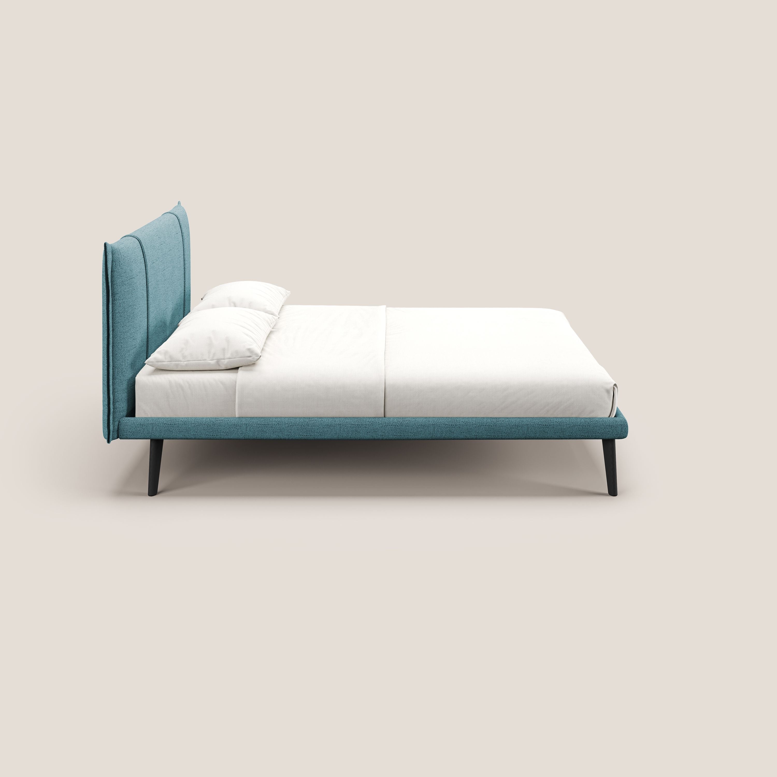 Klaus LETTO moderno con piedi in mogano e tessuto fiammato impermeabile T03 azzurro - divani.store