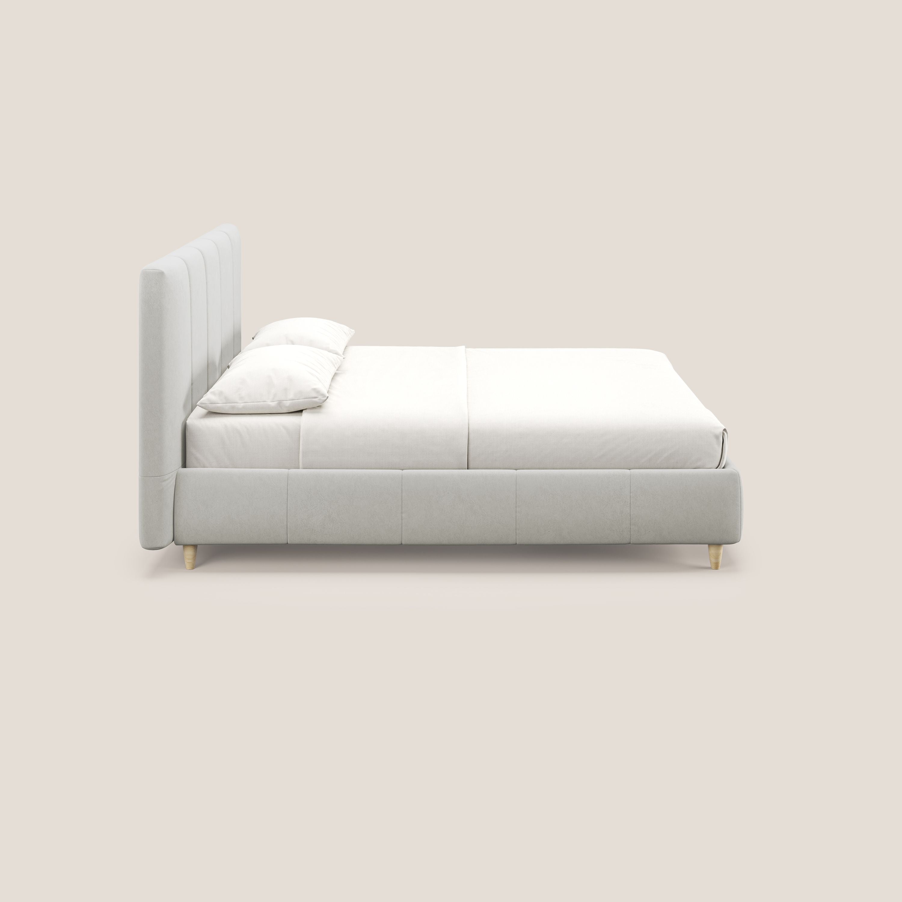 Laura letto imbottito contenitore e sfoderabile in microfibra velluto impermeabile T09 panna - divani.store
