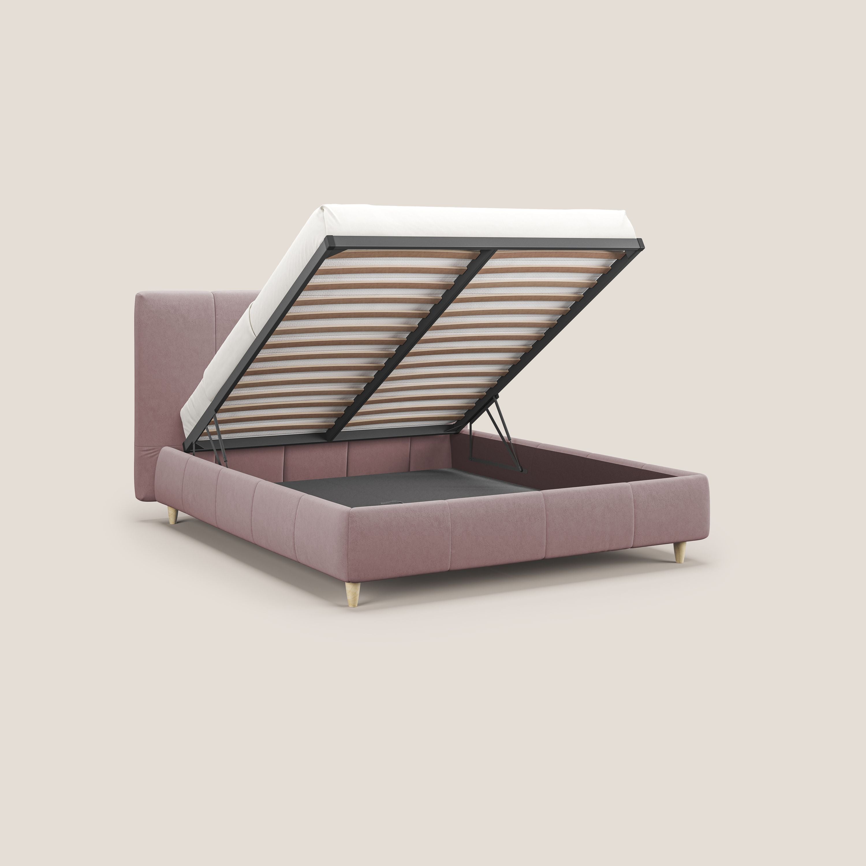 Laura letto imbottito contenitore e sfoderabile in microfibra velluto impermeabile T09 rosa - divani.store