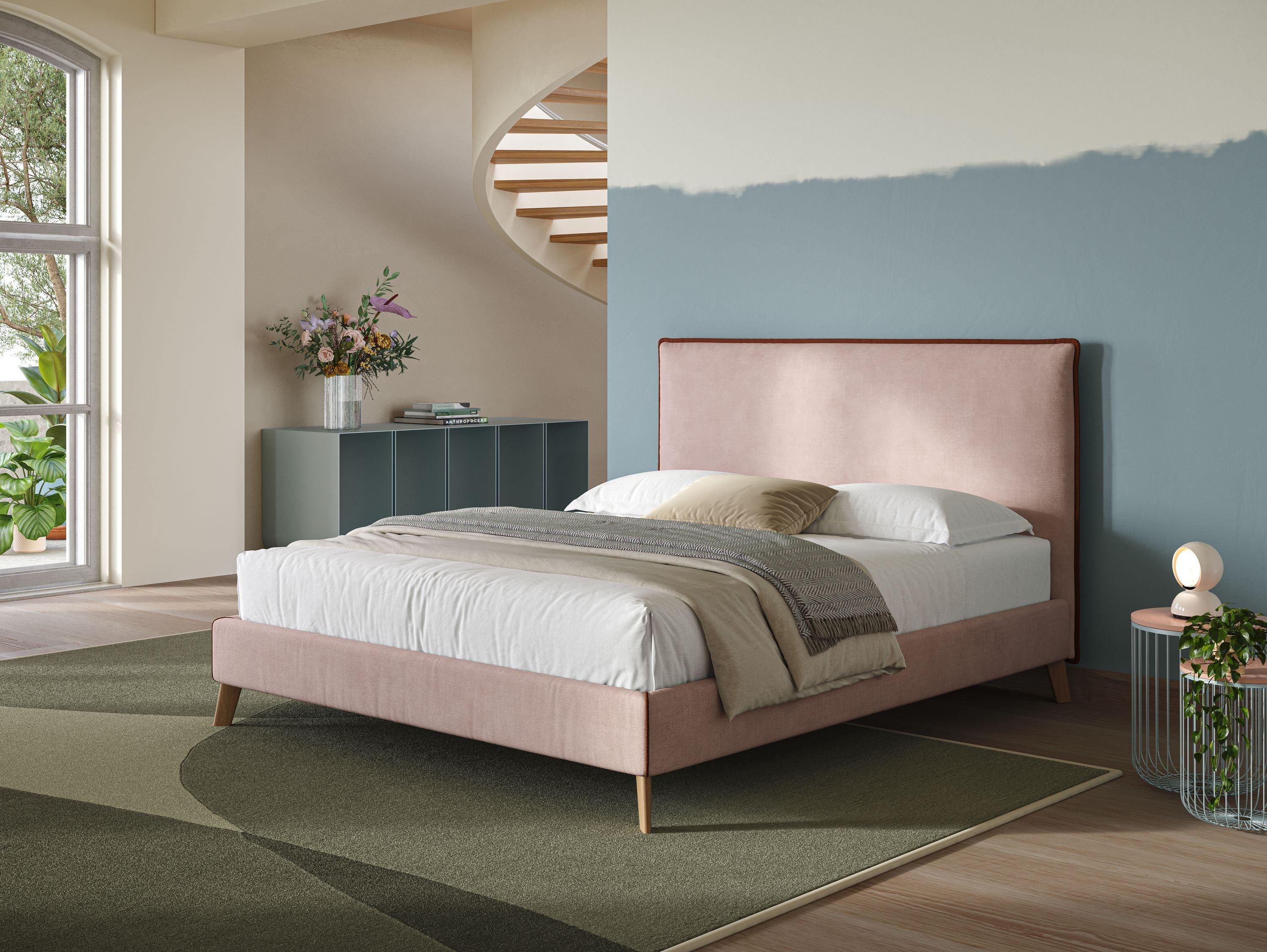 Leila letto imbottito con piedini legno in tessuto smacchiabile T17 rosa - rosso - divani.store