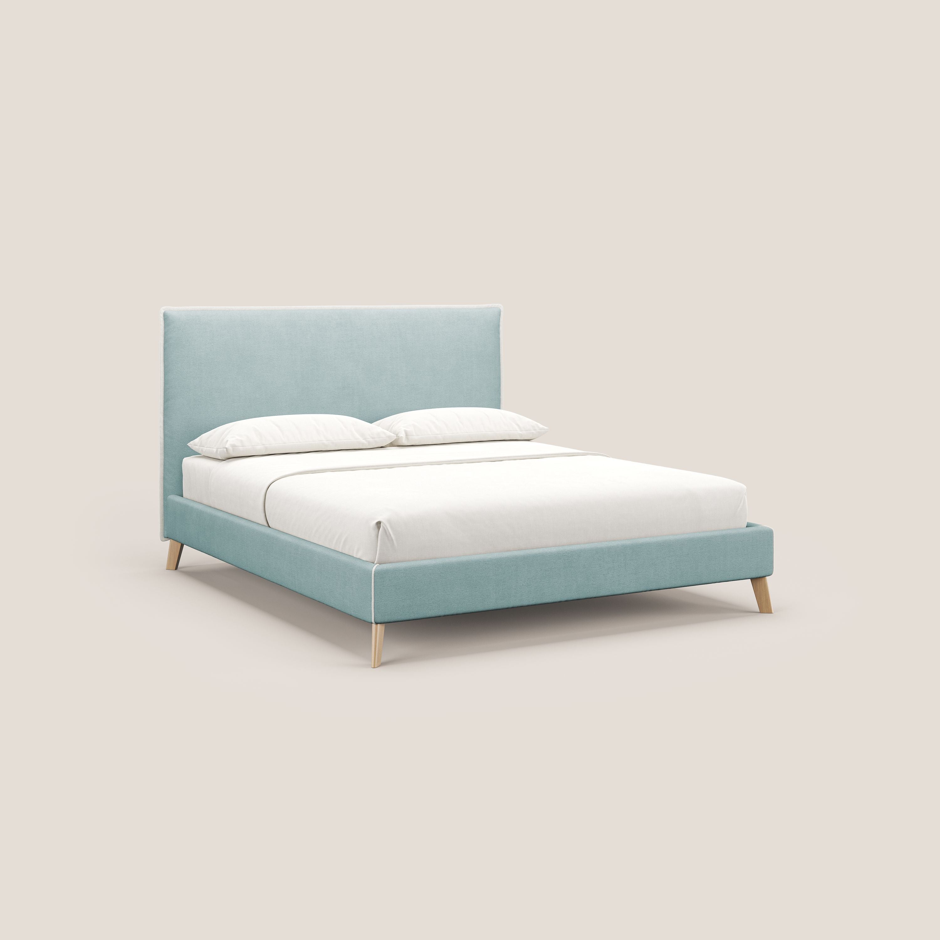 Leila letto imbottito con piedini legno in tessuto smacchiabile T17 verde acqua - bianco - divani.store