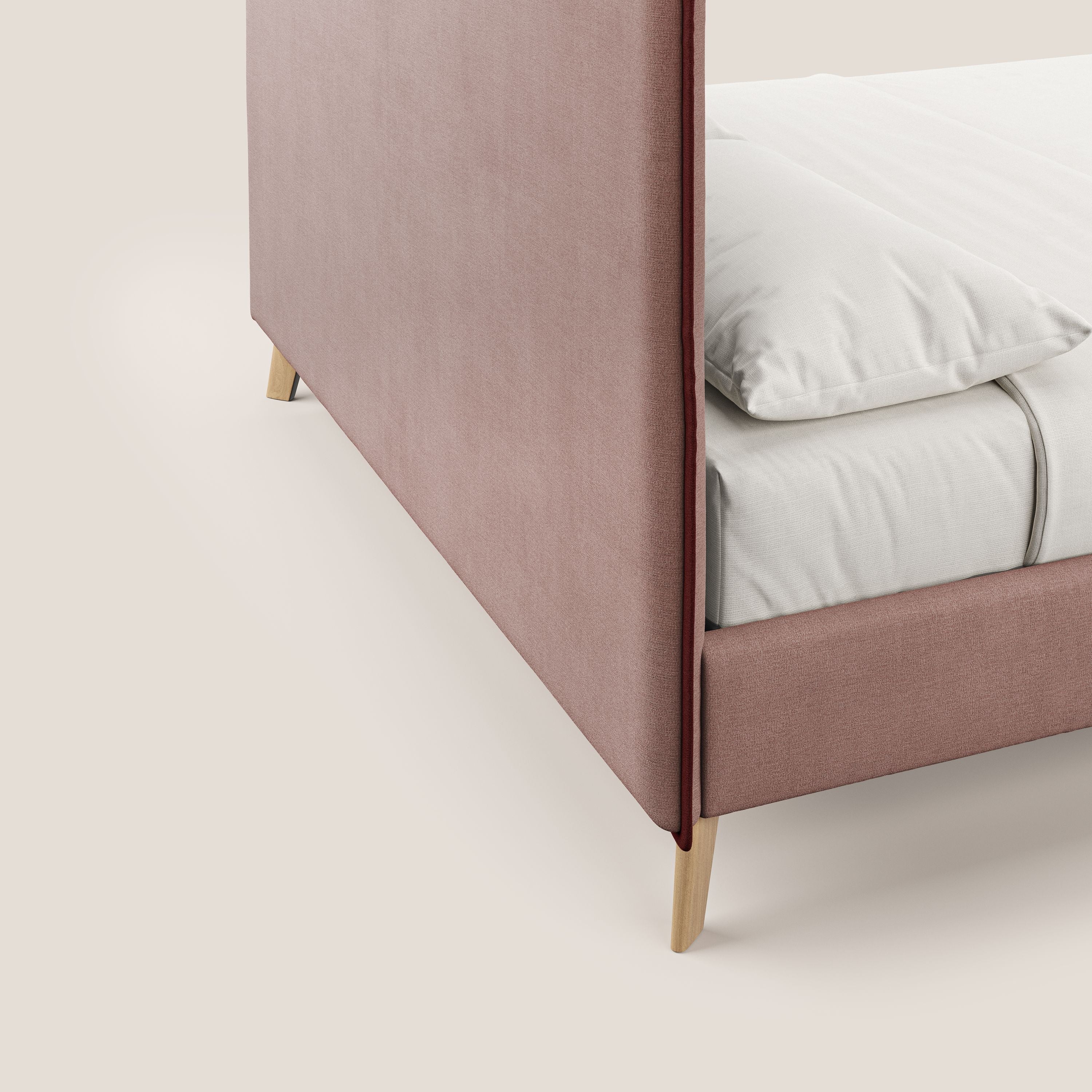 Leila letto imbottito con piedini legno in tessuto smacchiabile T17 rosa - rosso - divani.store