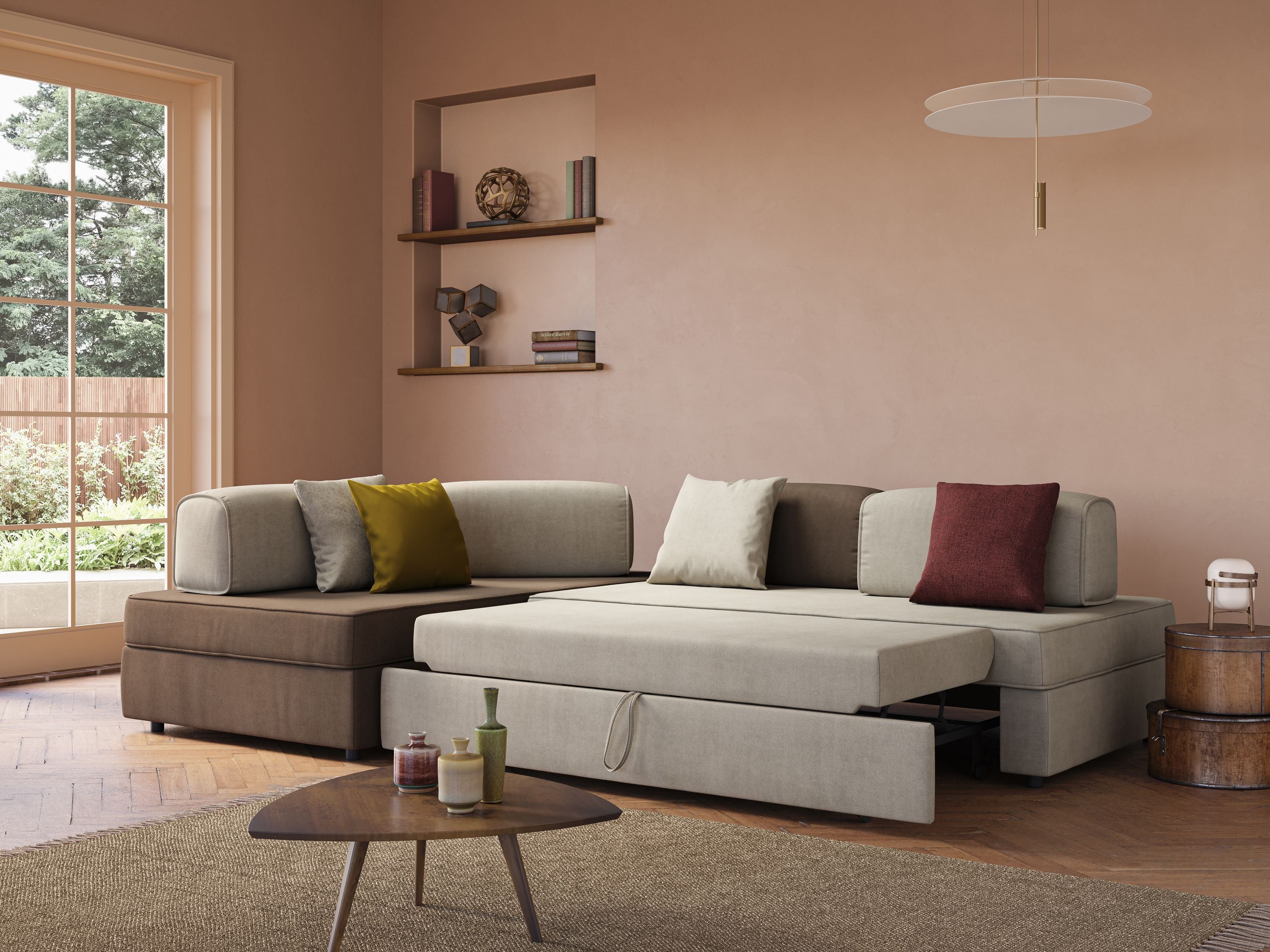 Liberty divano angolare con pouf estraibile e schienali movibili in tessuto morbido impermeabile T02 petrolio - divani.store