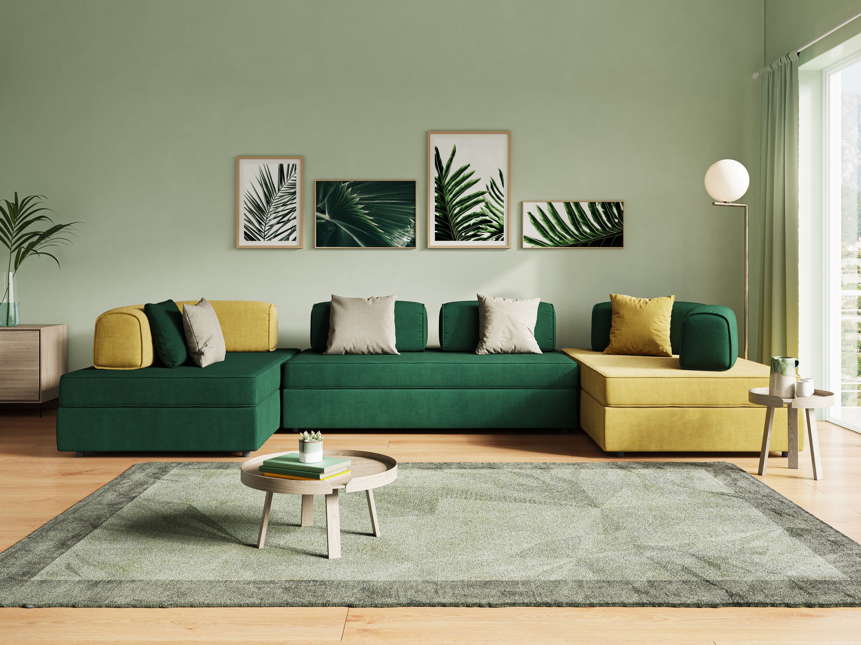 Liberty divano panoramico con pouf estraibile e schienali movibili in tessuto morbido impermeabile T02 petrolio - divani.store