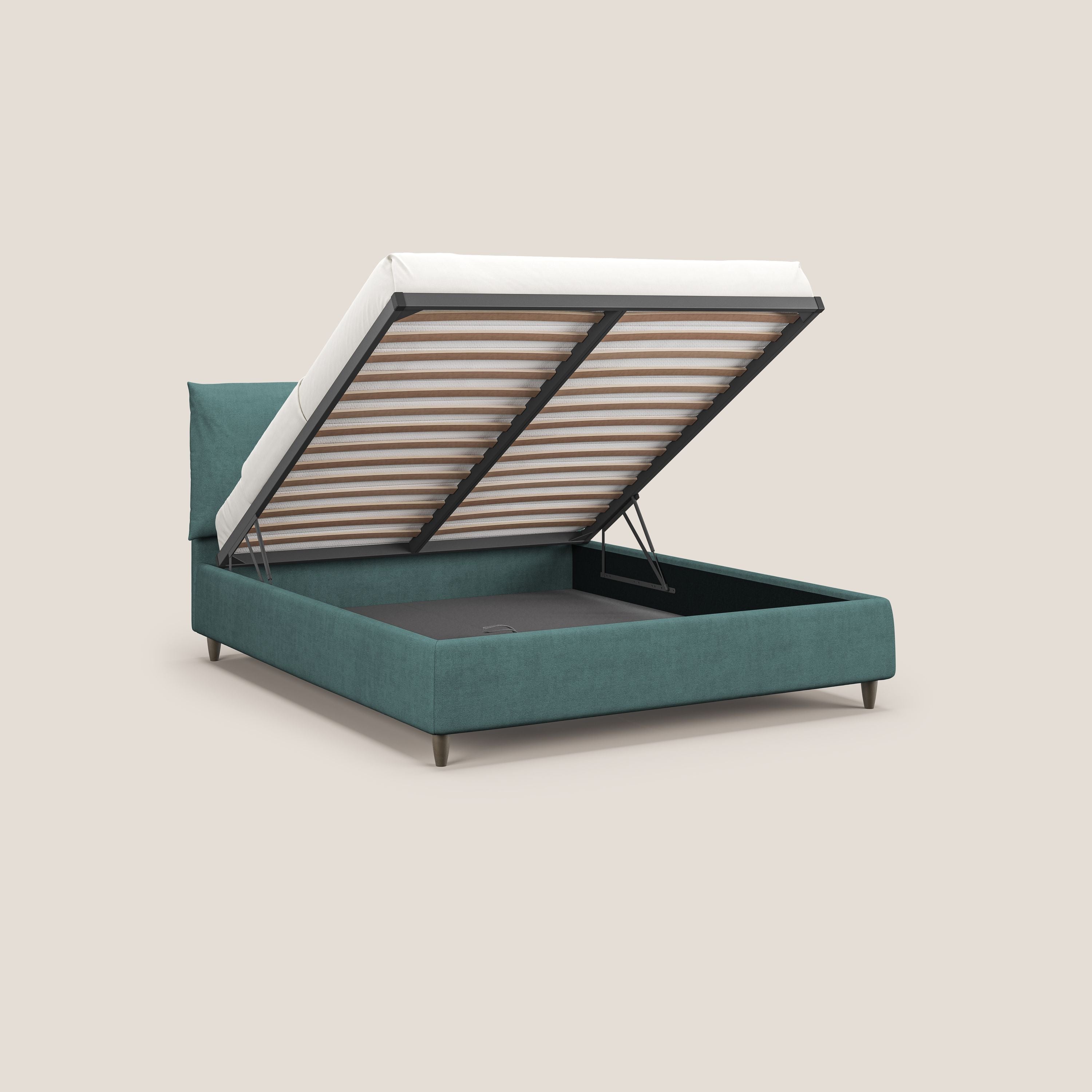 Mariana letto imbottito contenitore con cuscini in tessuto impermeabile T02 petrolio - divani.store