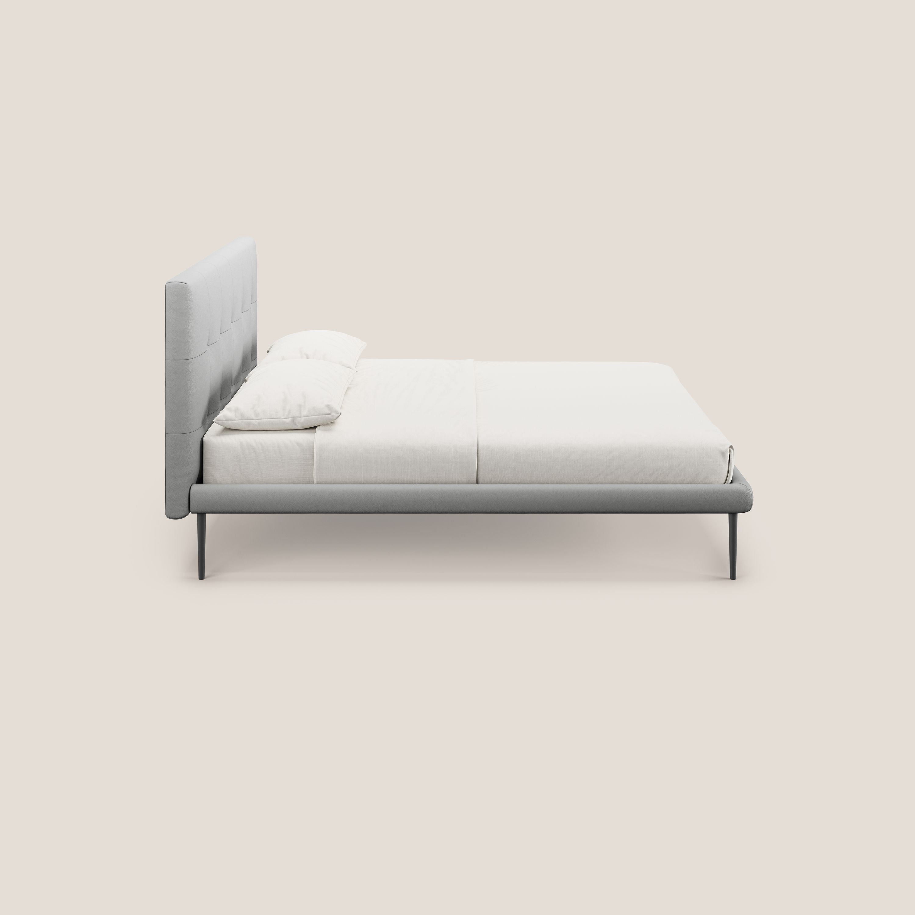 Midori letto imbottito trapuntato in ecopelle con piedini alti T04 grigio chiaro - divani.store