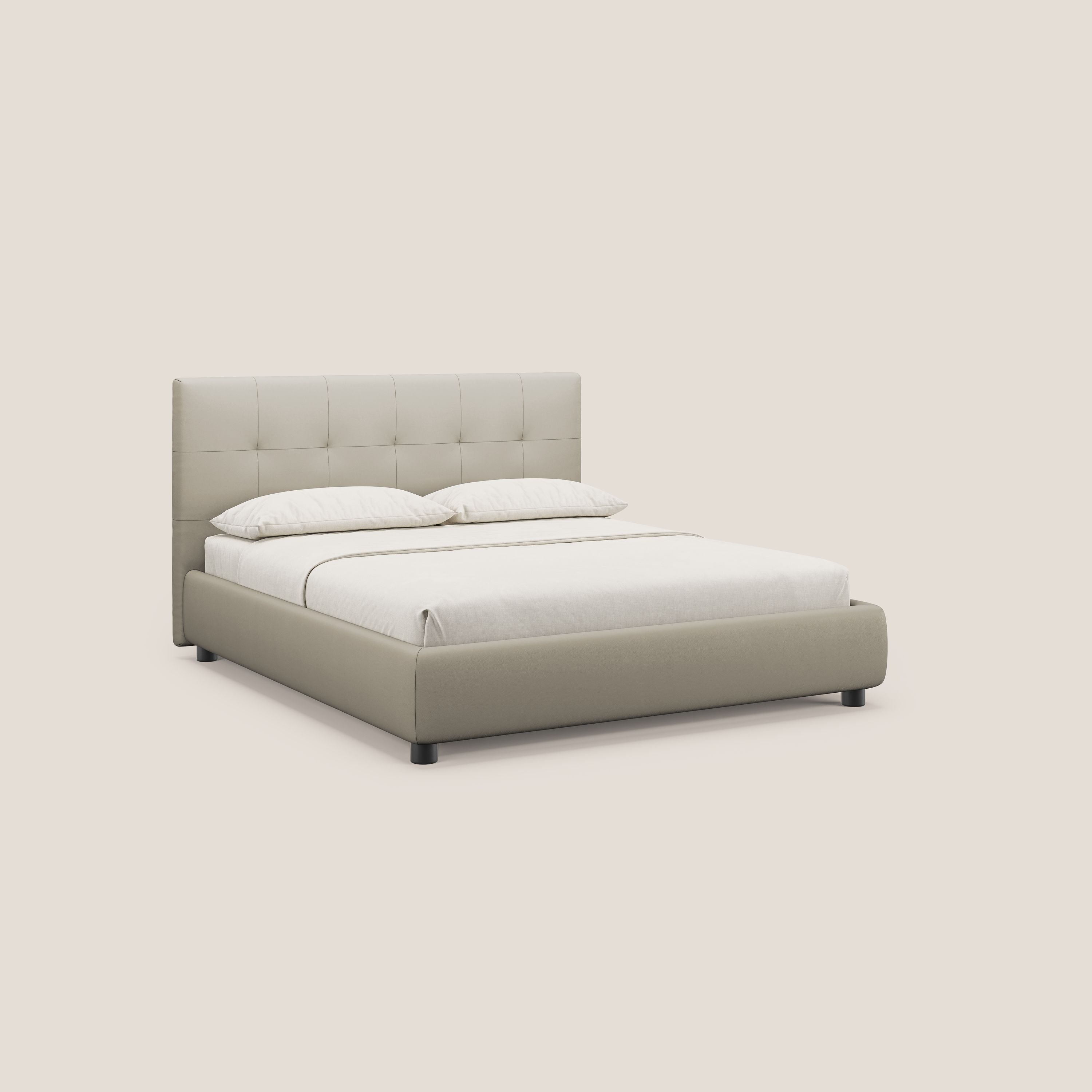 Minato letto imbottito contenitore con testata trapuntata in ecopelle impermeabile T04 tortora - divani.store