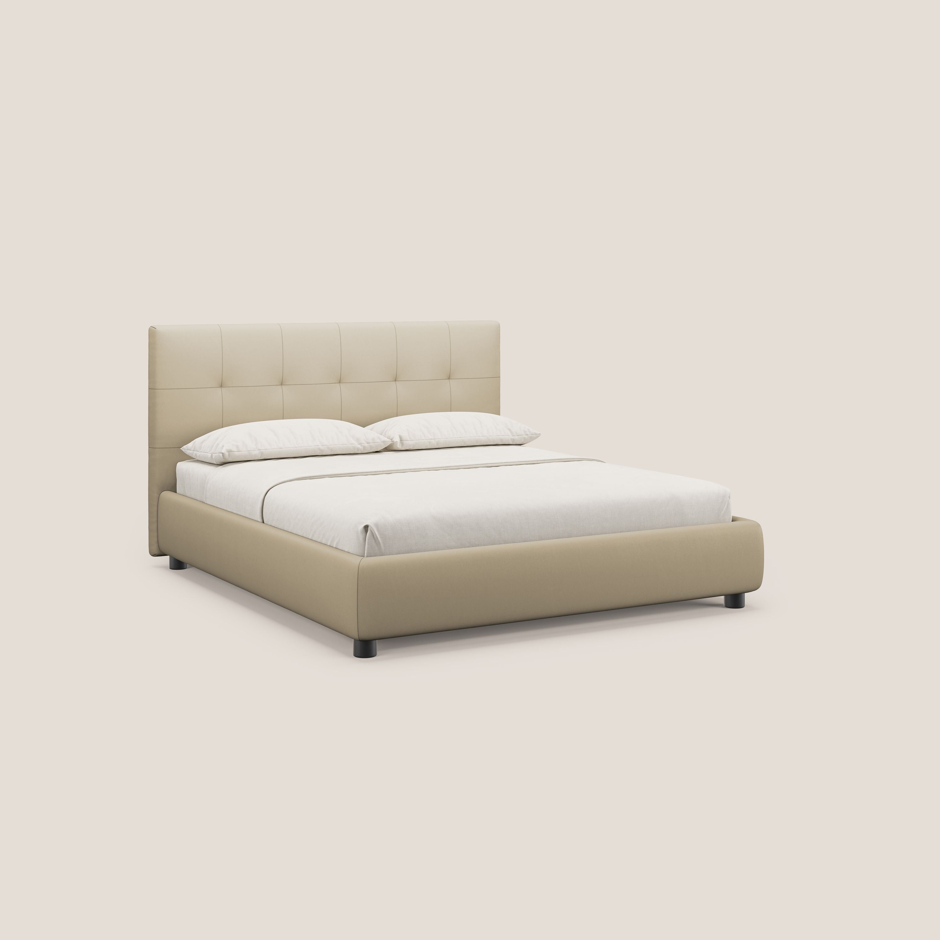 Minato letto imbottito contenitore con testata trapuntata in ecopelle impermeabile T04 panna - divani.store