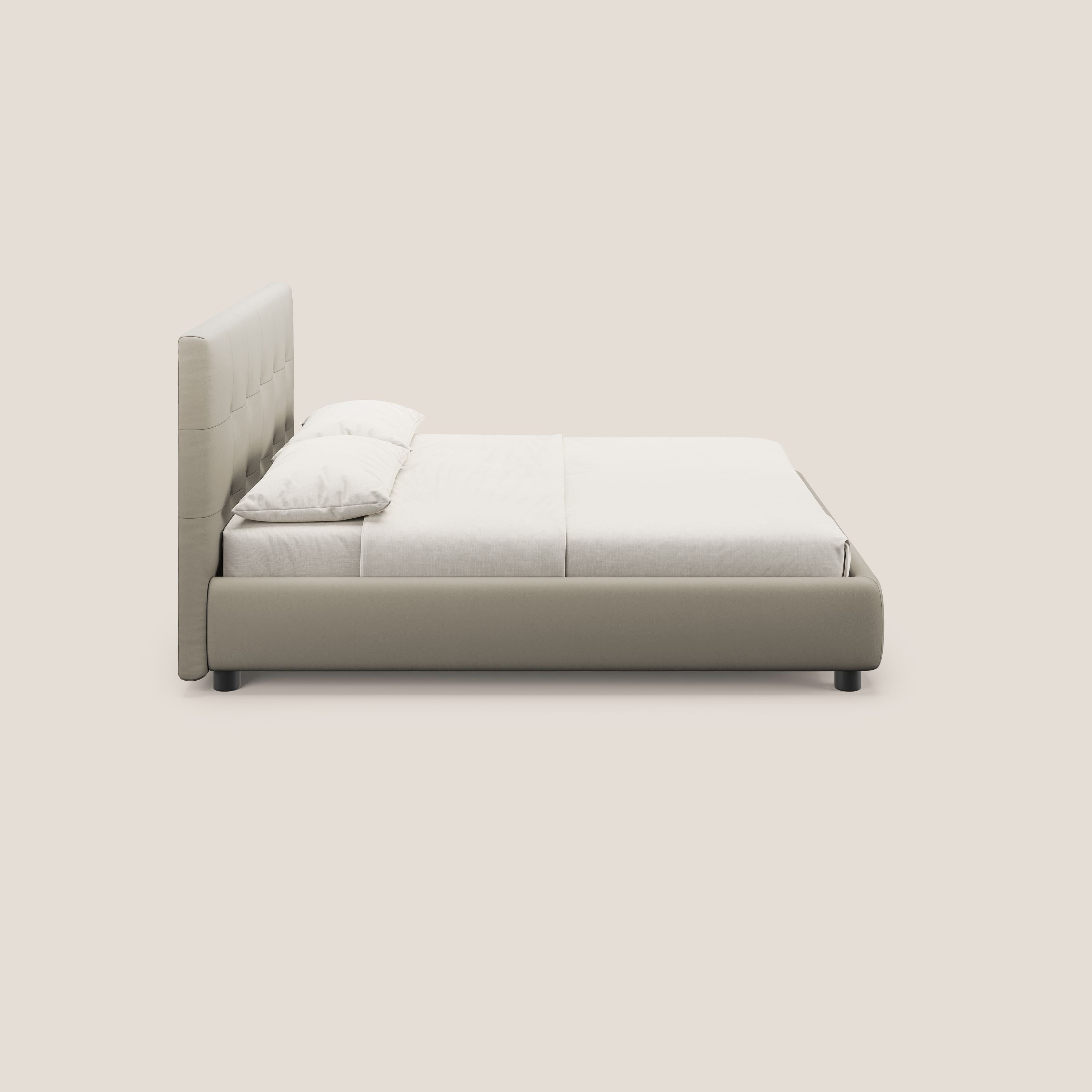 Minato letto imbottito contenitore con testata trapuntata in ecopelle impermeabile T04 tortora - divani.store