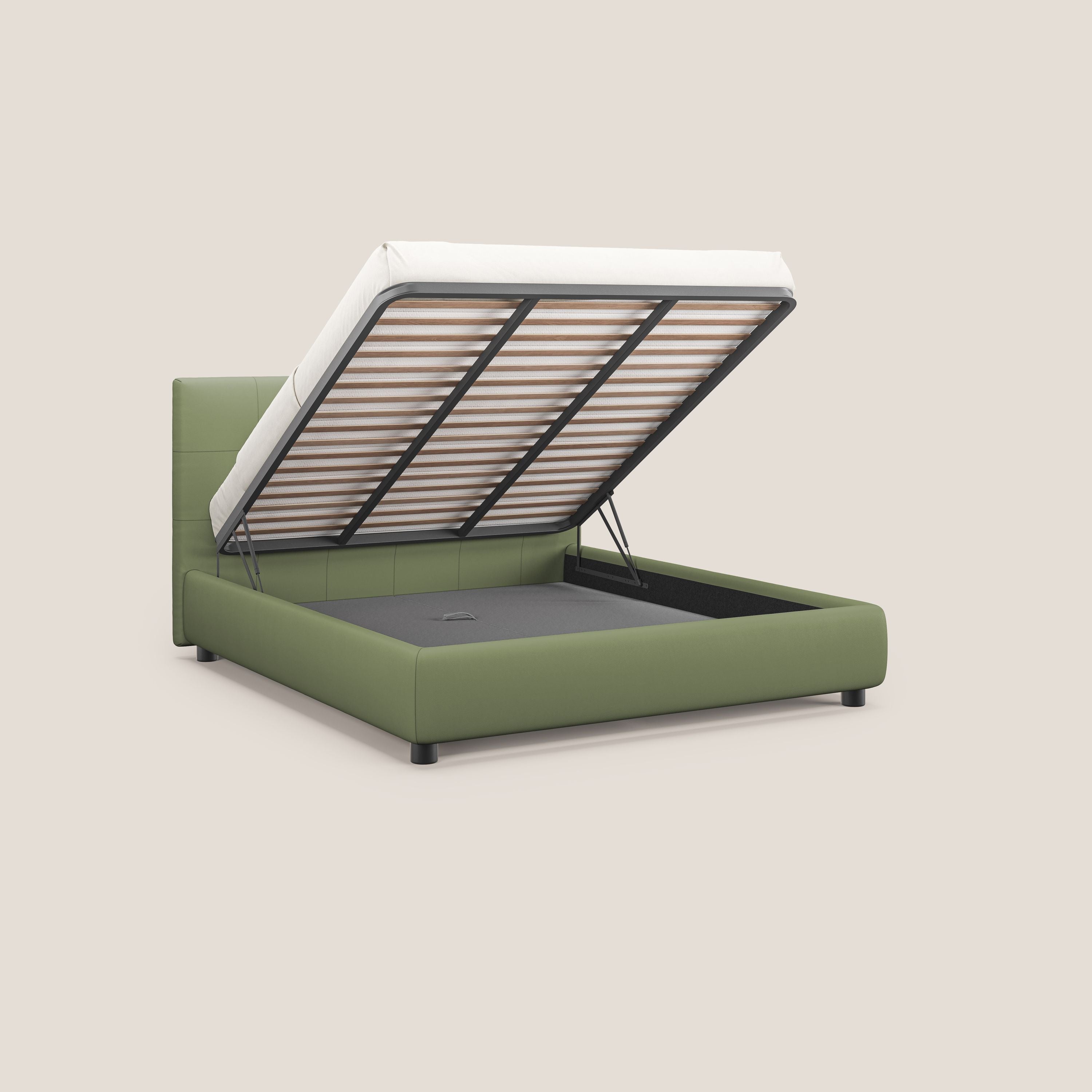 Minato letto imbottito contenitore con testata trapuntata in ecopelle impermeabile T04 verde - divani.store