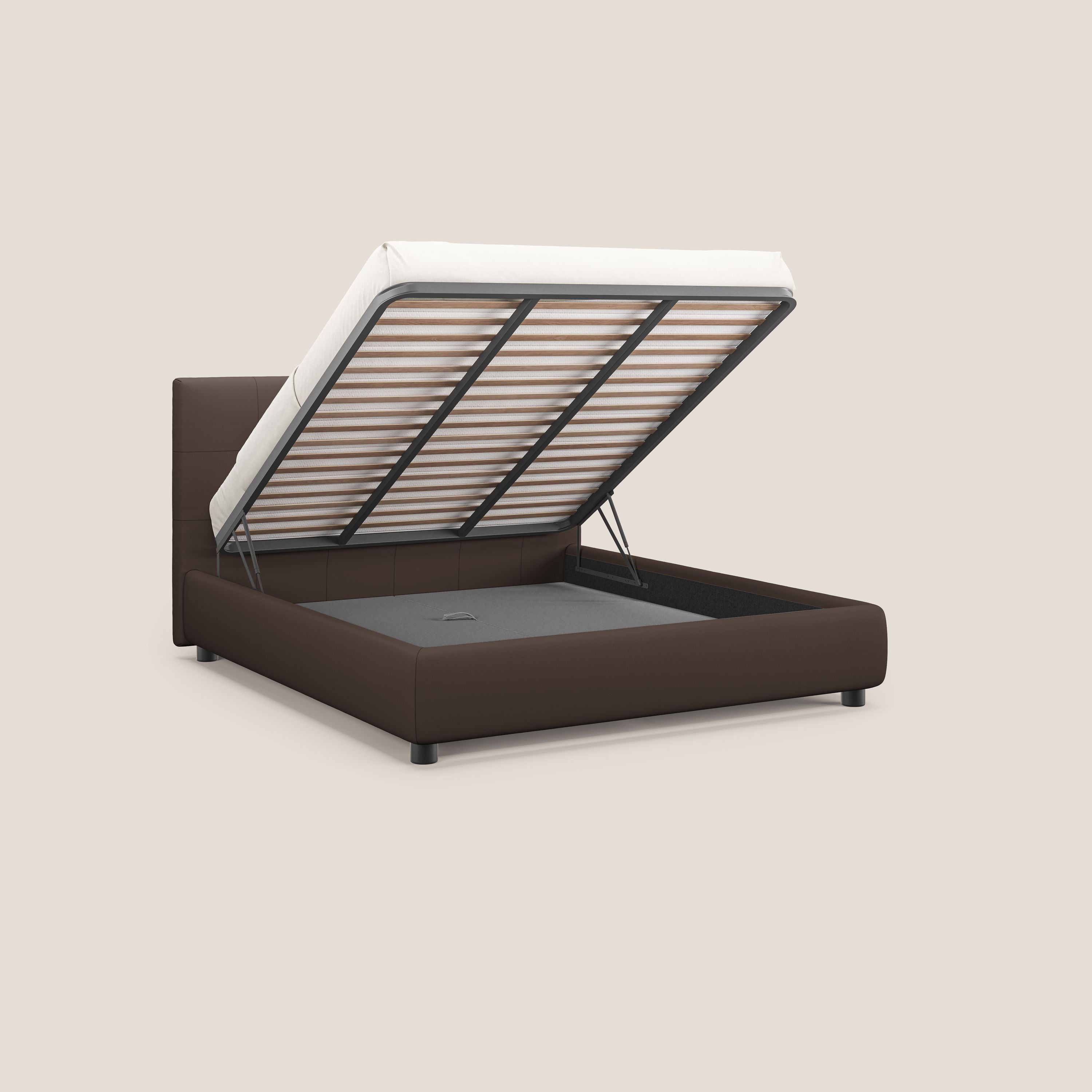 Minato letto imbottito contenitore con testata trapuntata in ecopelle impermeabile T04 marrone - divani.store