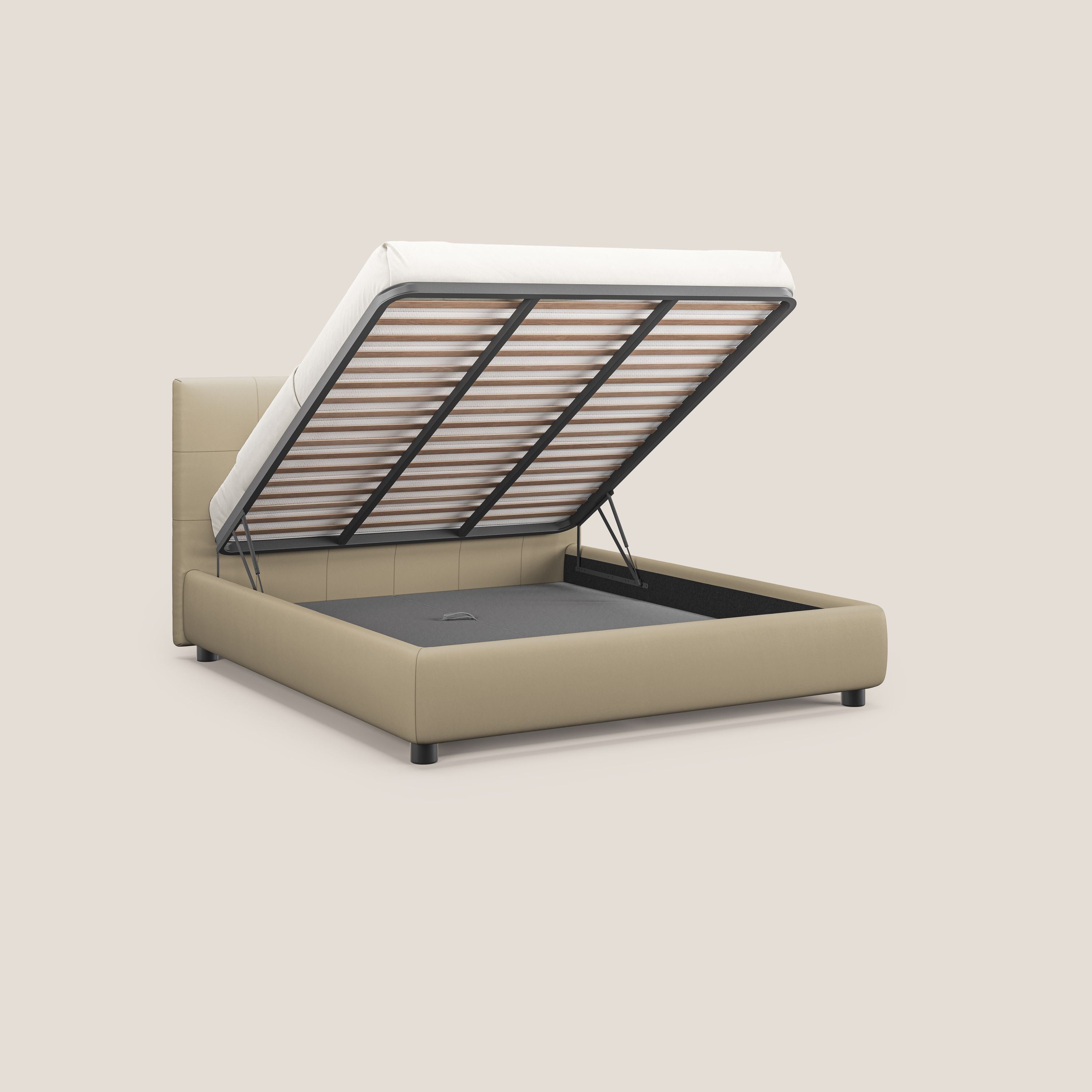 Minato letto imbottito contenitore con testata trapuntata in ecopelle impermeabile T04 panna - divani.store