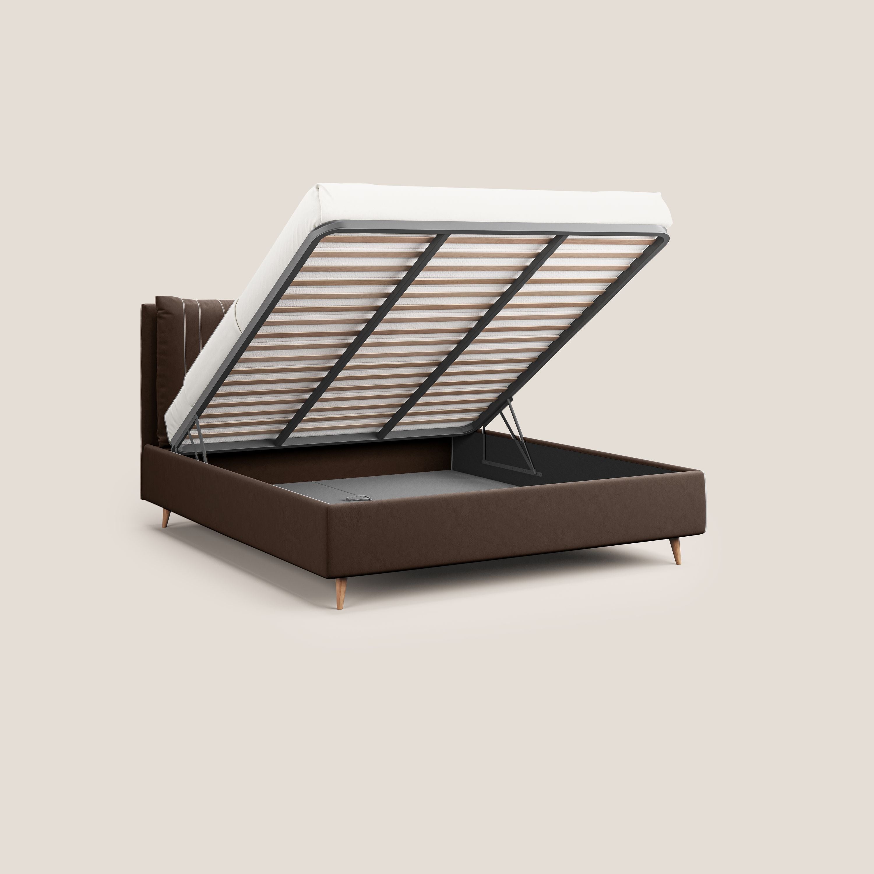Nathan letto contenitore con cuscini regolabili con tasche in microfibra velluto impermeabile T09 marrone - divani.store