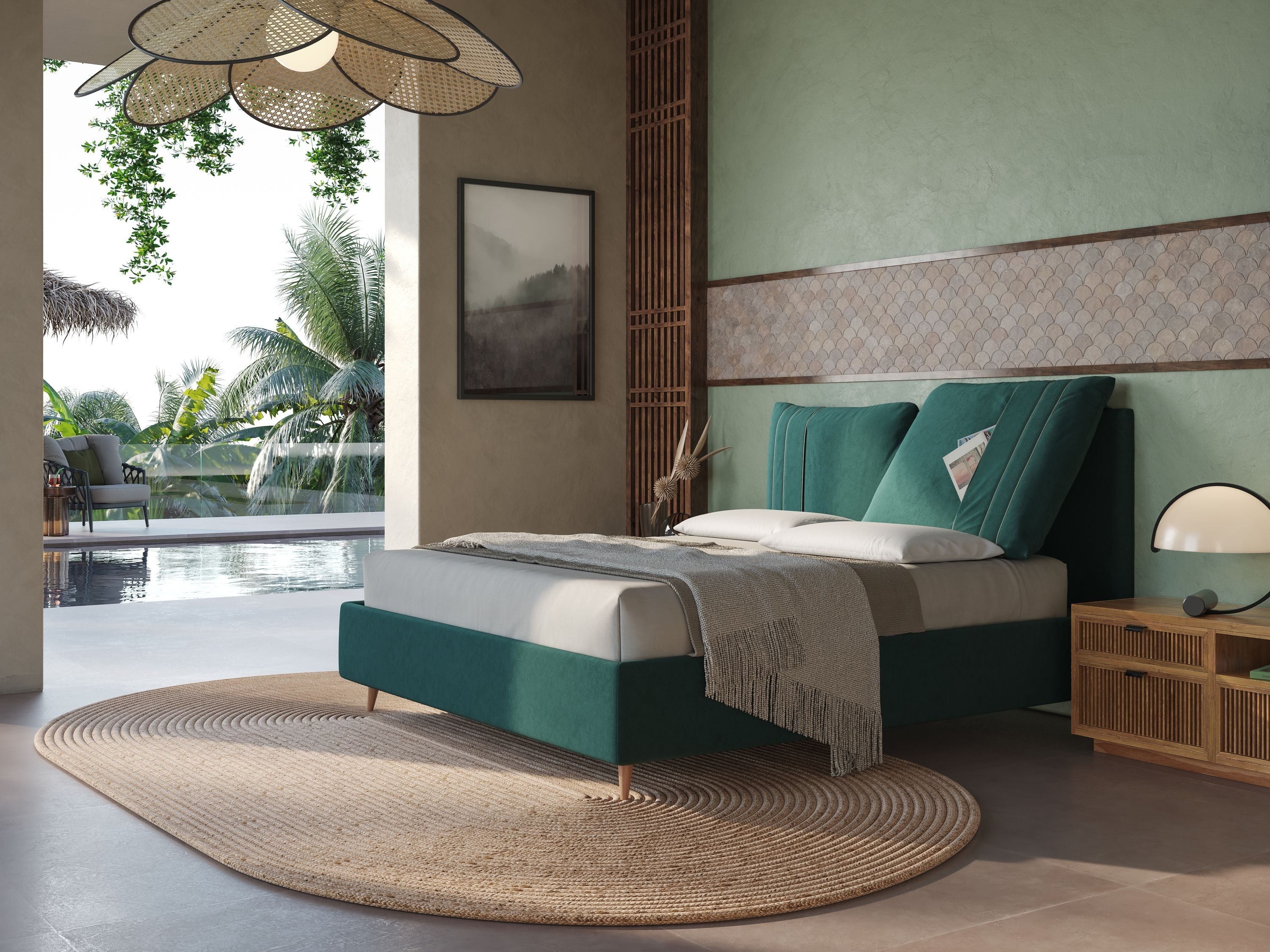 Nathan letto contenitore con cuscini regolabili con tasche in microfibra velluto impermeabile T09 verde - divani.store