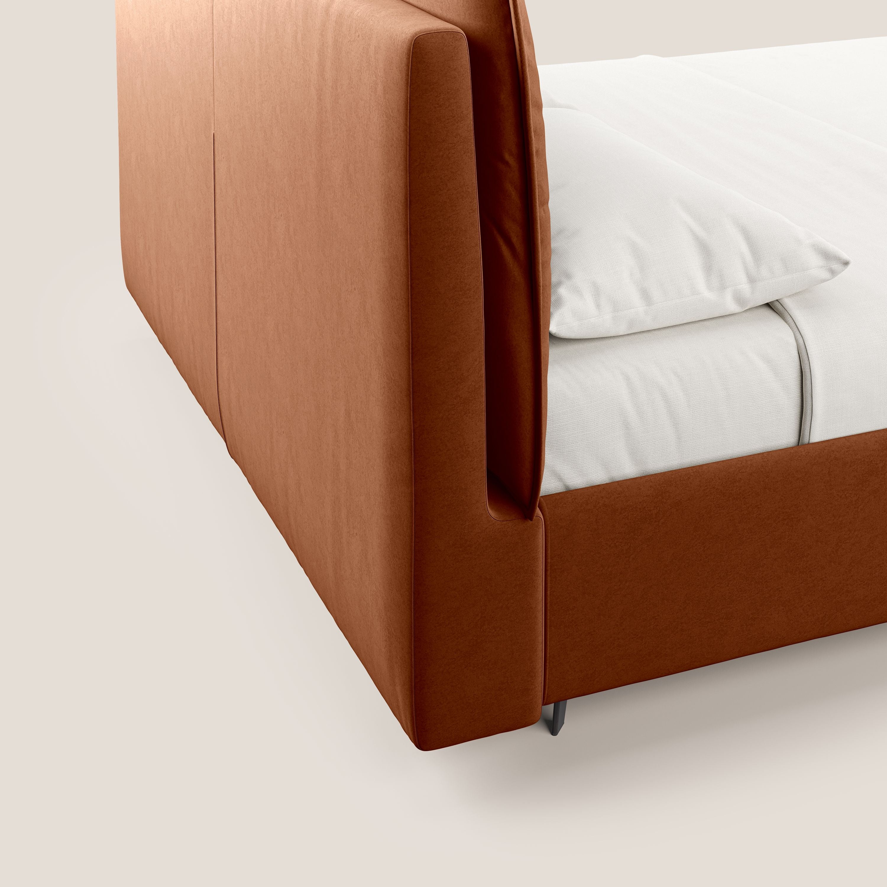 Nives letto imbottito contenitore sfoderabile in microfibra velluto impermeabile T09 ruggine - divani.store