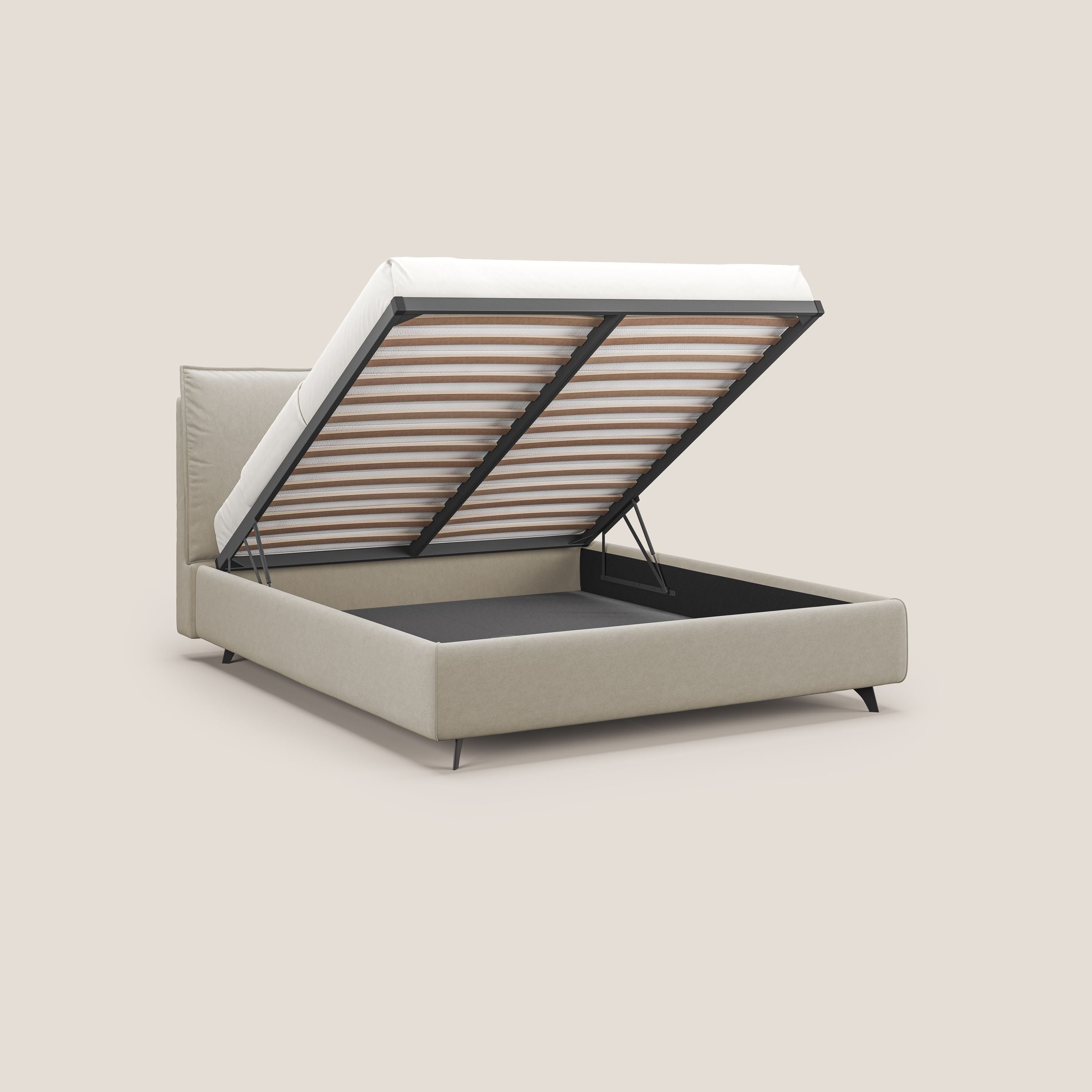 Nives letto imbottito contenitore sfoderabile in microfibra velluto impermeabile T09 beige - divani.store