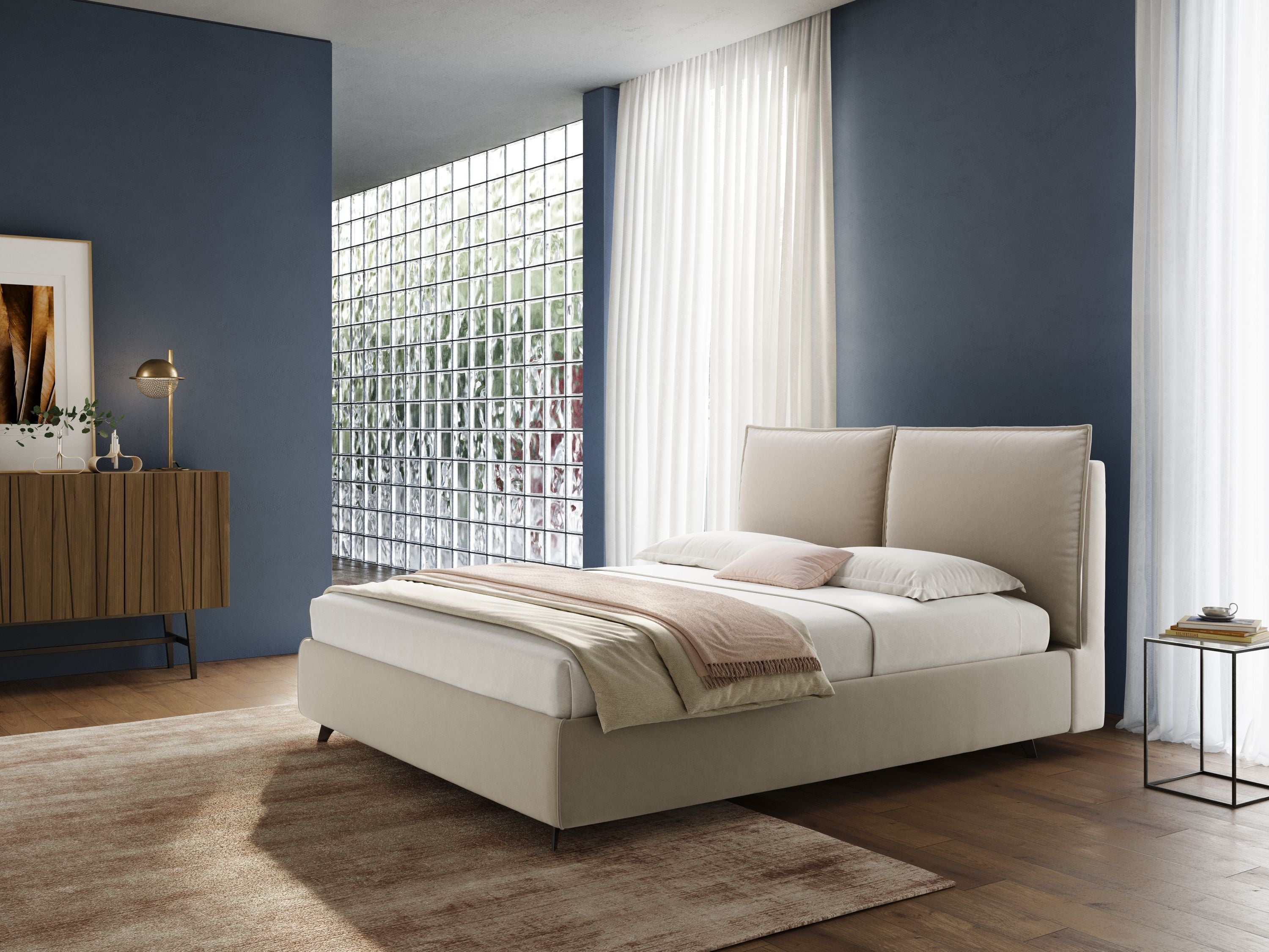 Nives letto imbottito contenitore sfoderabile in microfibra velluto impermeabile T09 beige - divani.store