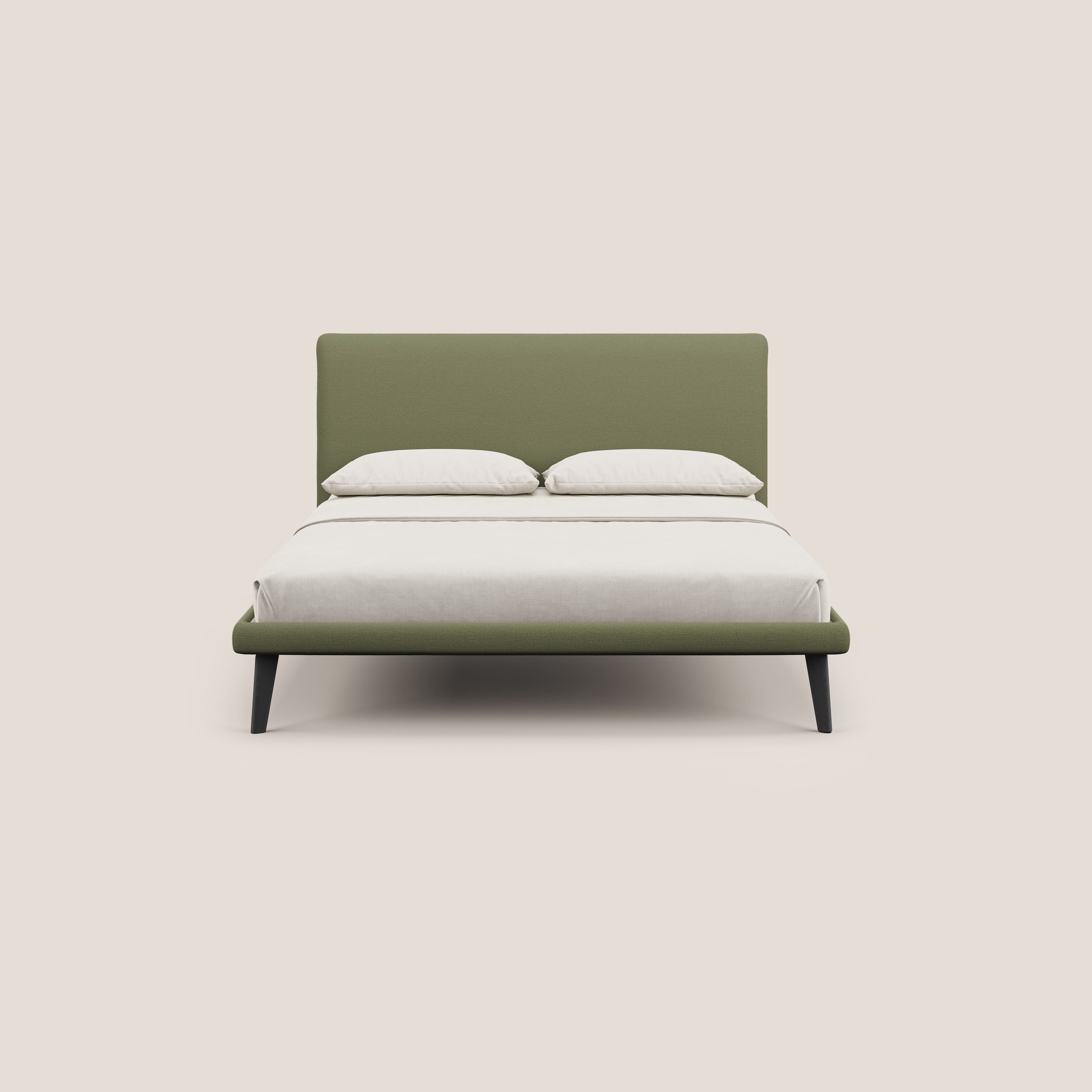 Noel letto minimal scandinavo con piedi in mogano e tessuto fiammato impermeabile T19 verde - divani.store