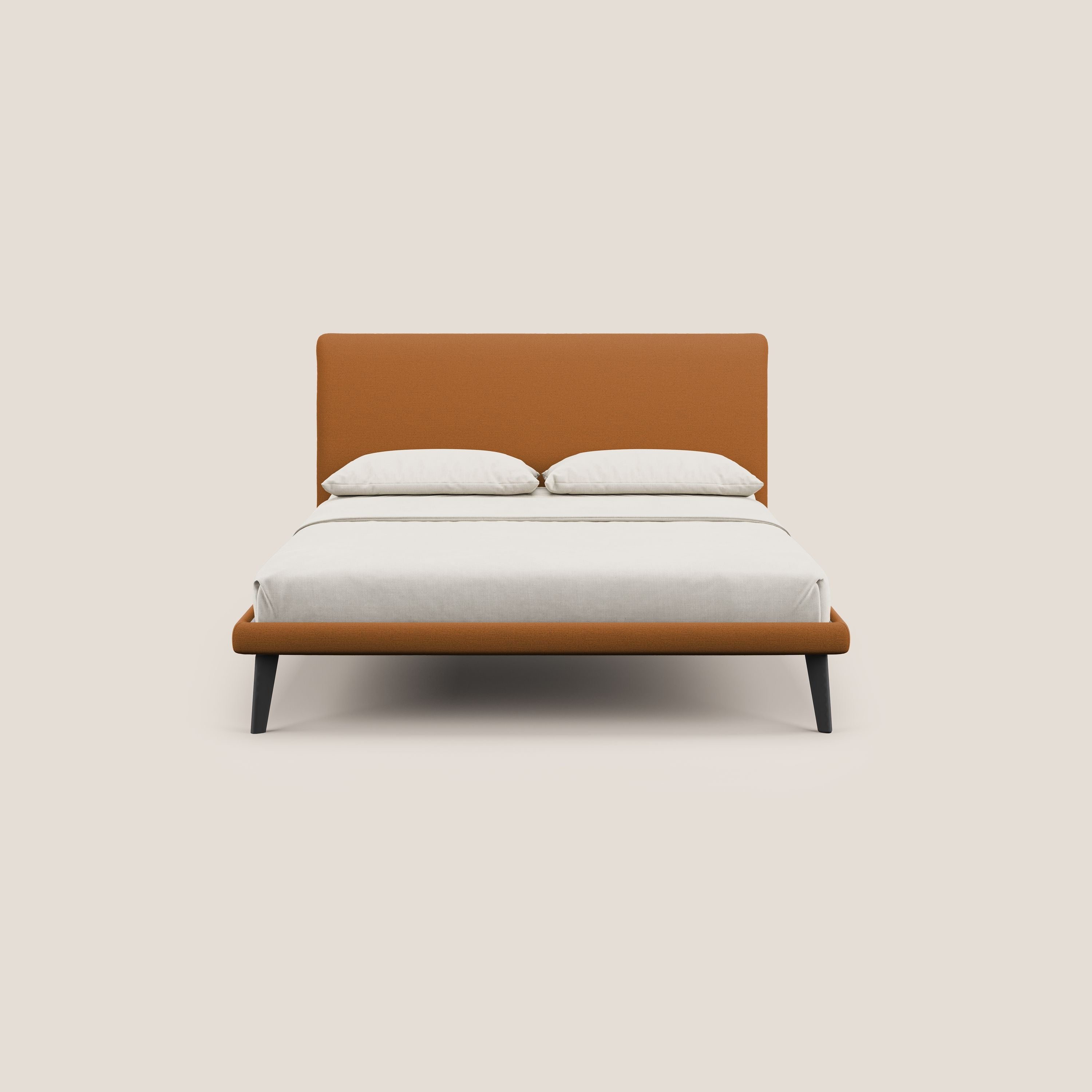 Noel letto minimal scandinavo con piedi in mogano e tessuto fiammato impermeabile T19 arancio - divani.store