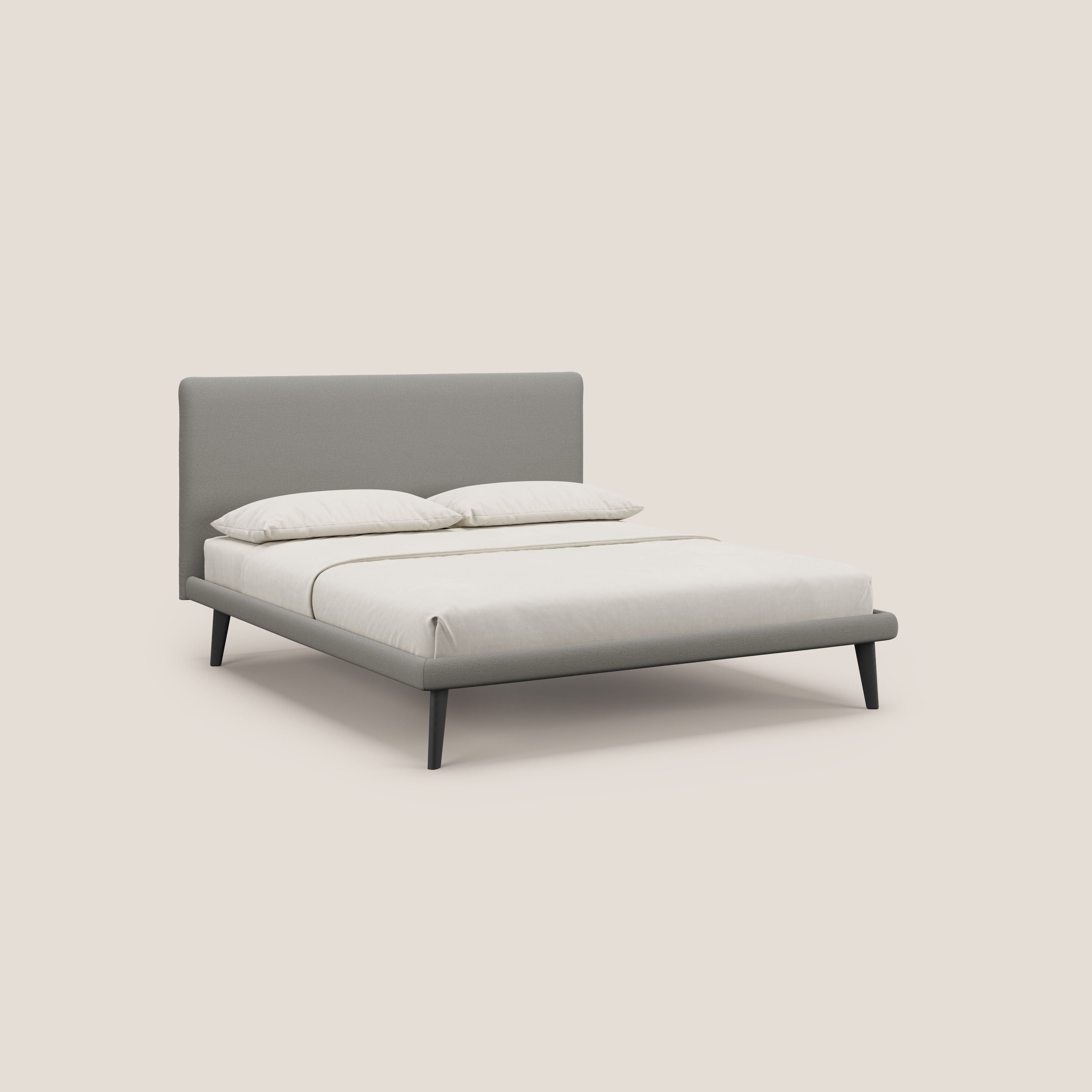 Noel letto minimal scandinavo con piedi in mogano e tessuto fiammato impermeabile T19 beige - divani.store