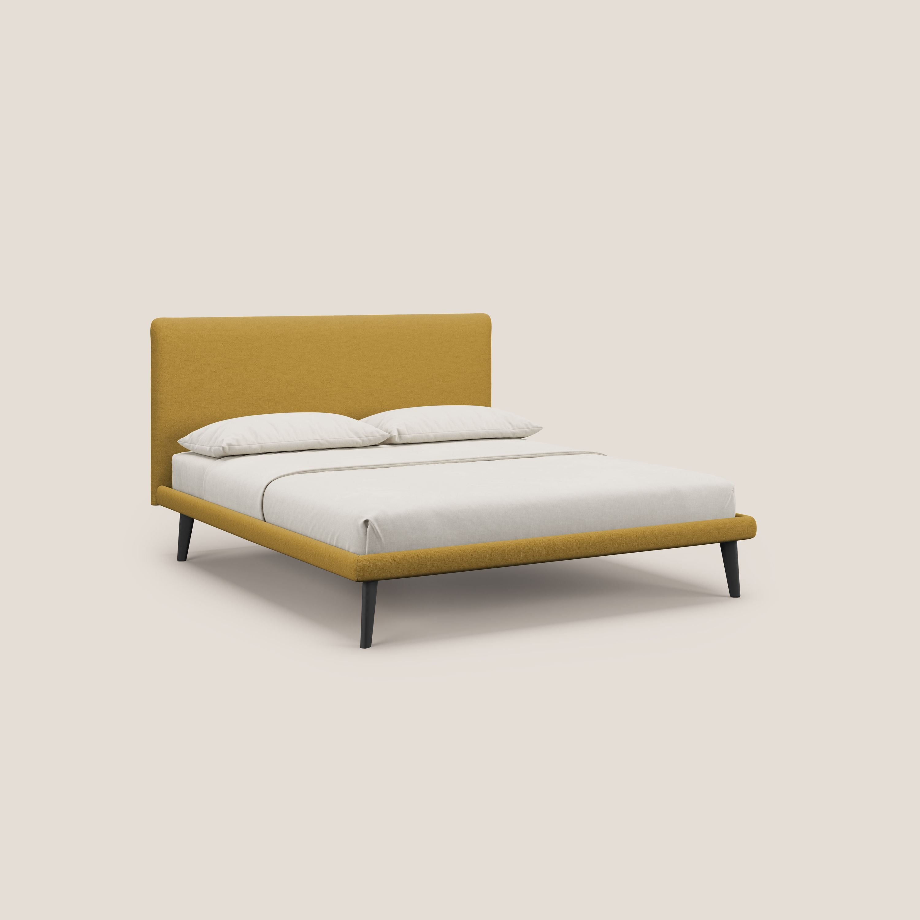 Noel letto minimal scandinavo con piedi in mogano e tessuto fiammato impermeabile T19 giallo - divani.store