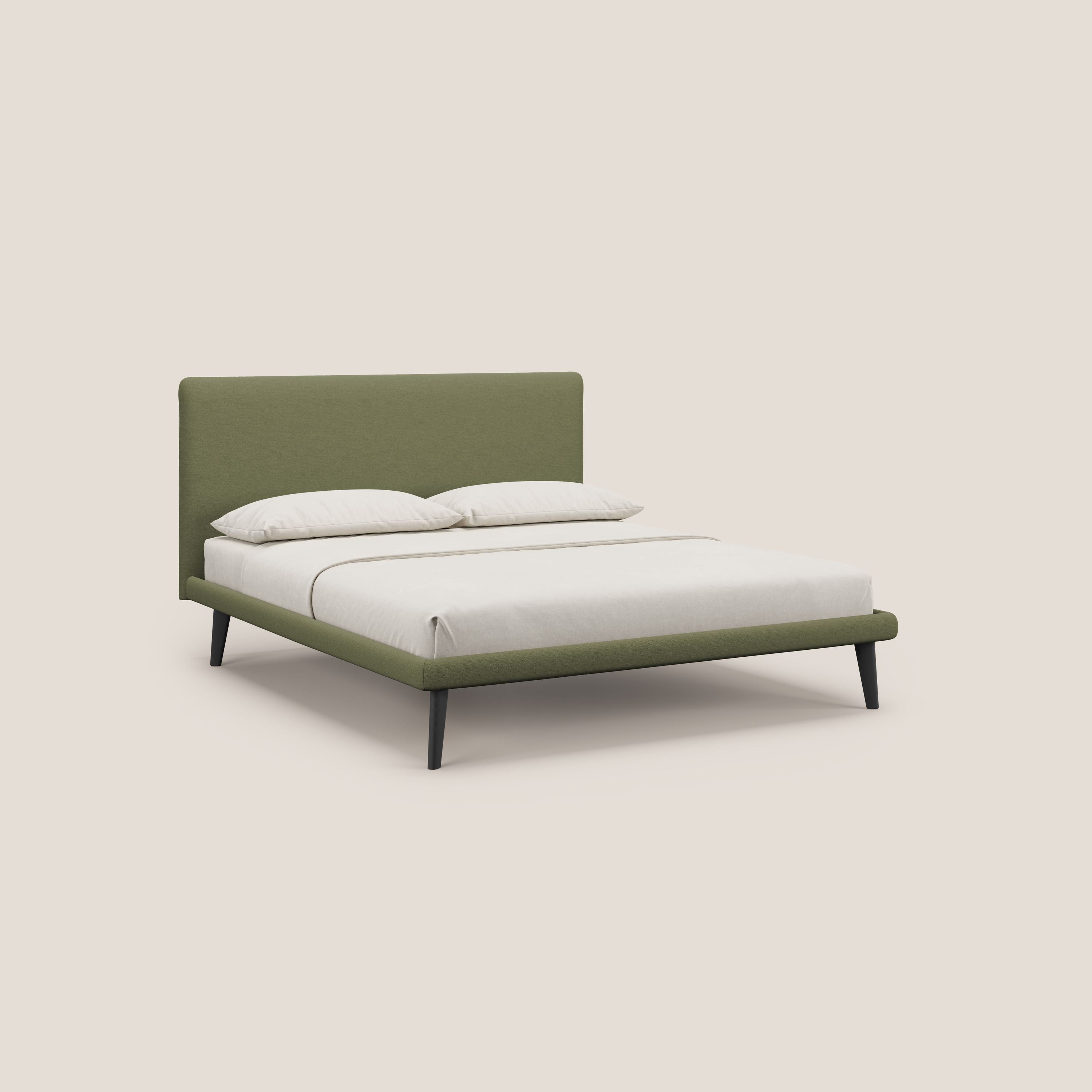 Noel letto minimal scandinavo con piedi in mogano e tessuto fiammato impermeabile T19 verde - divani.store