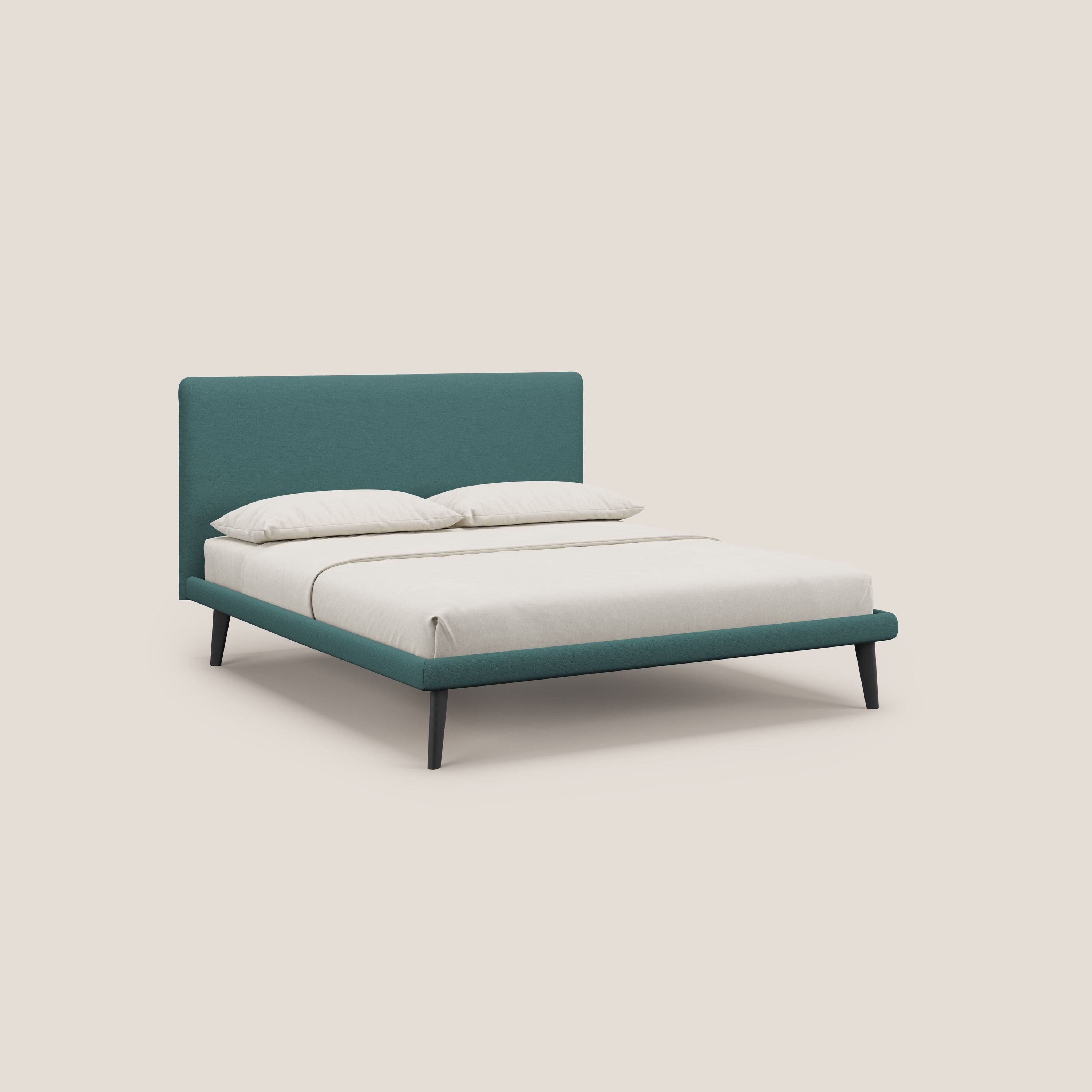 Noel letto minimal scandinavo con piedi in mogano e tessuto fiammato impermeabile T19 petrolio - divani.store